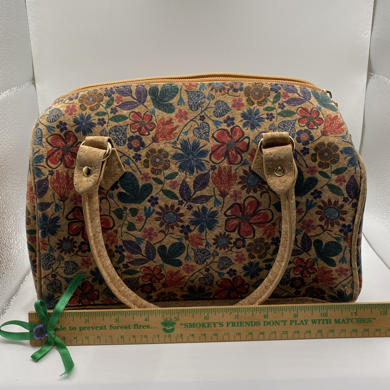 Floral Print Cork Purse. Crafted From A Lightweight Natural Cork Zipper Closure.
