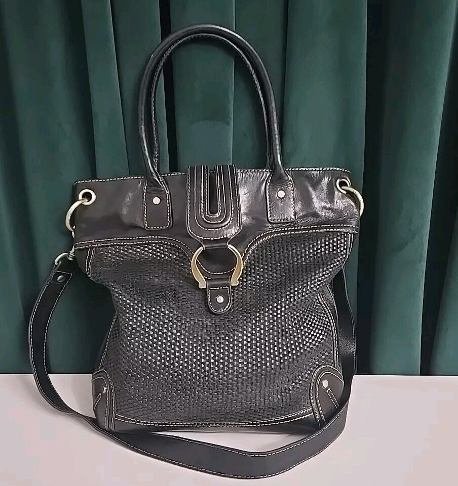 Kate Landry Black Leather and Woven Shoulder Bag