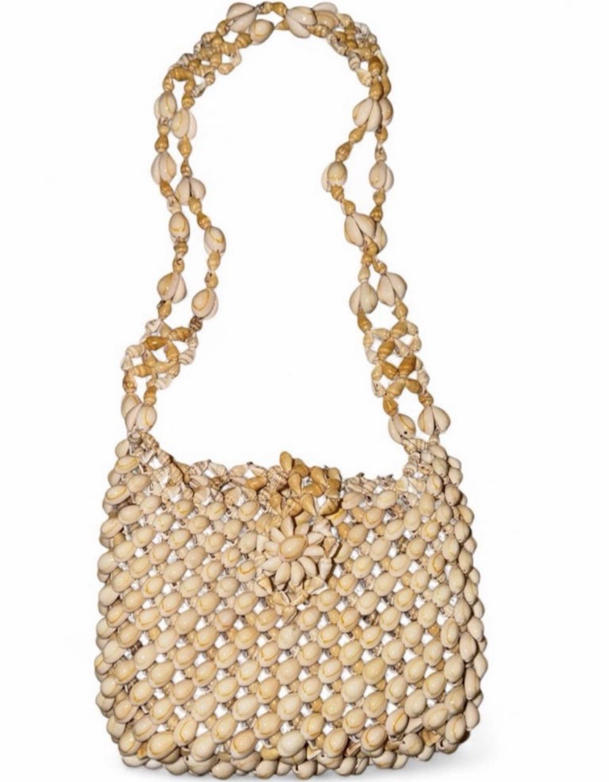 Women’s Beige Beaded Shoulder Bag Purse w/ Shoulder Strap, Shell Beach Theme