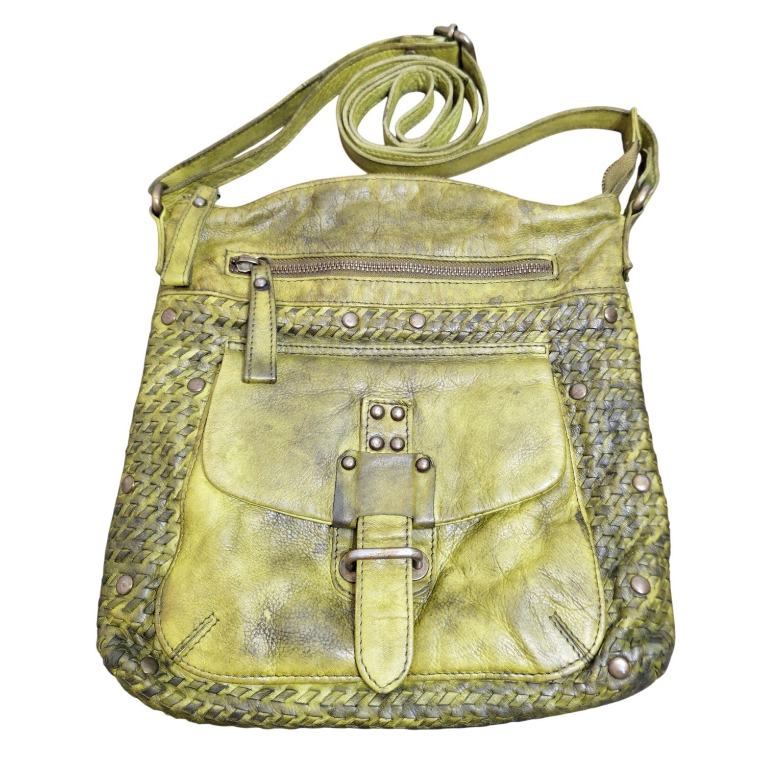 Distressed Lime Green Leather Woven Studded Crossbody Messenger Bag Boho Grunge