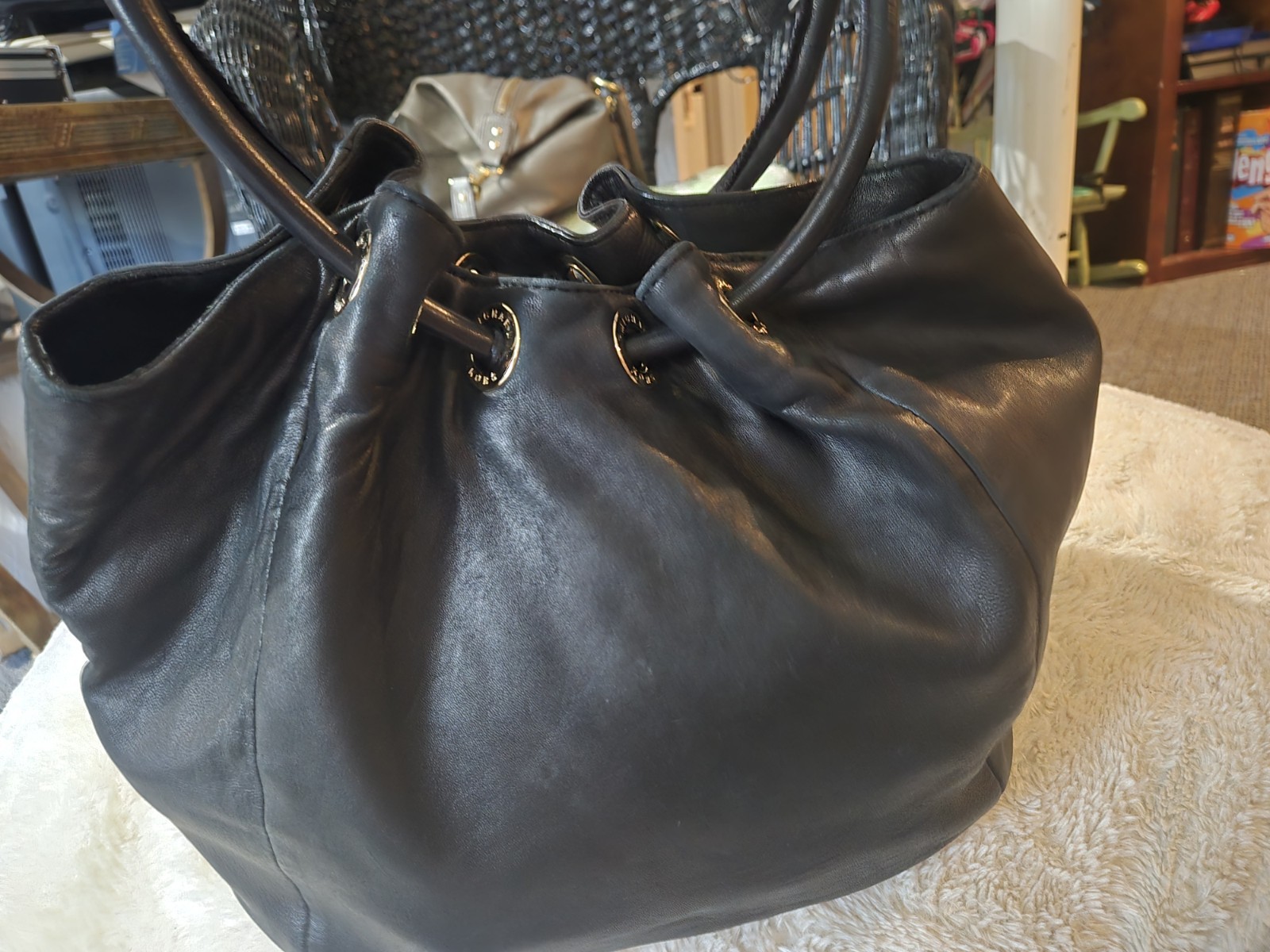 Michael Kors Black Large Bucket Drawstring Bag Lined, Pockets, MK Tassel Charm