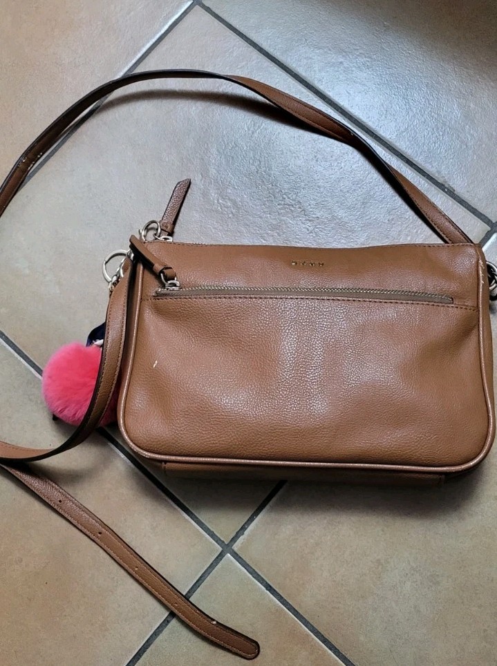 DKNY Brown Pebbled Crossbody Bag Zip w/ Charm, Adjustable Strap Silver