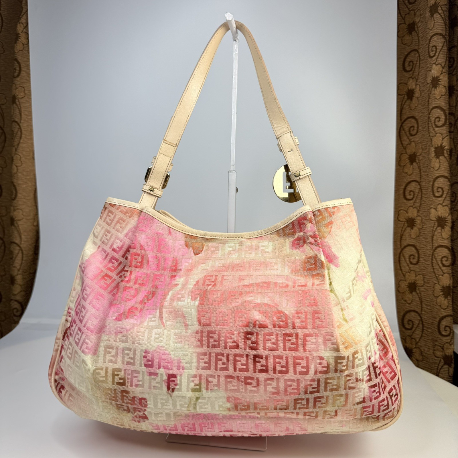 🌸 Authentic FENDI Chef Shoulder Bag Pink Floral Zucca FF Canvas 8BH220 🌸