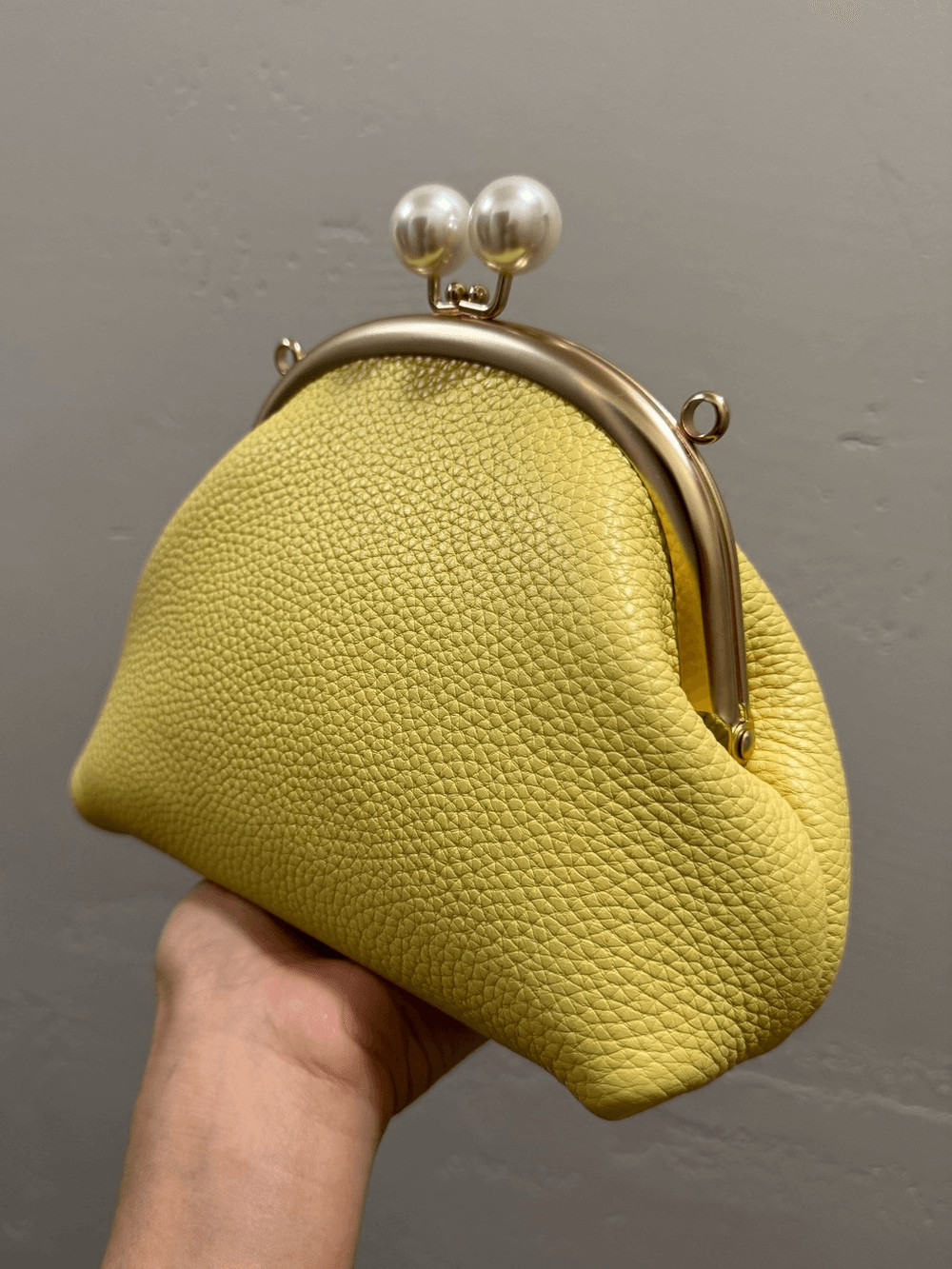 Yellow Togo Calfskin Handmade Vintage Kisslock Clutch, Wristlet, Crossbody