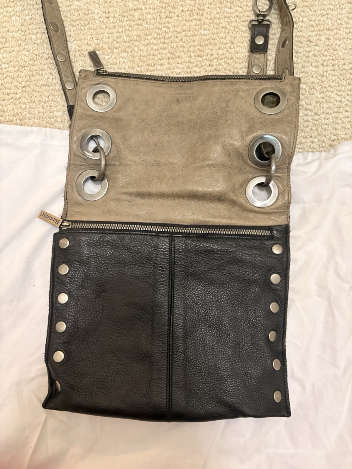 Hammitt Black Pebbled Shoulder Bag Zip Closure, Grommets Studs, Dust Bag