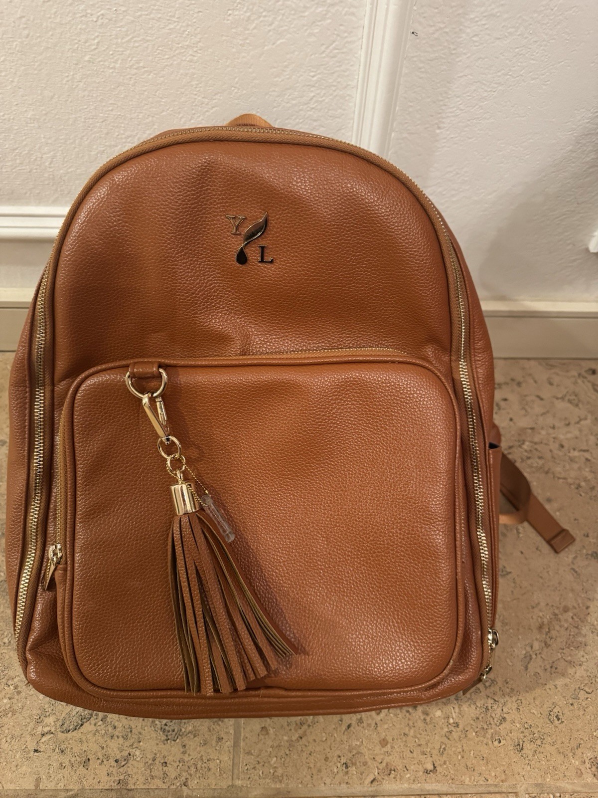 Young Living Essential Oils Brown Leather Backpack Tassel Charm Blue Lining