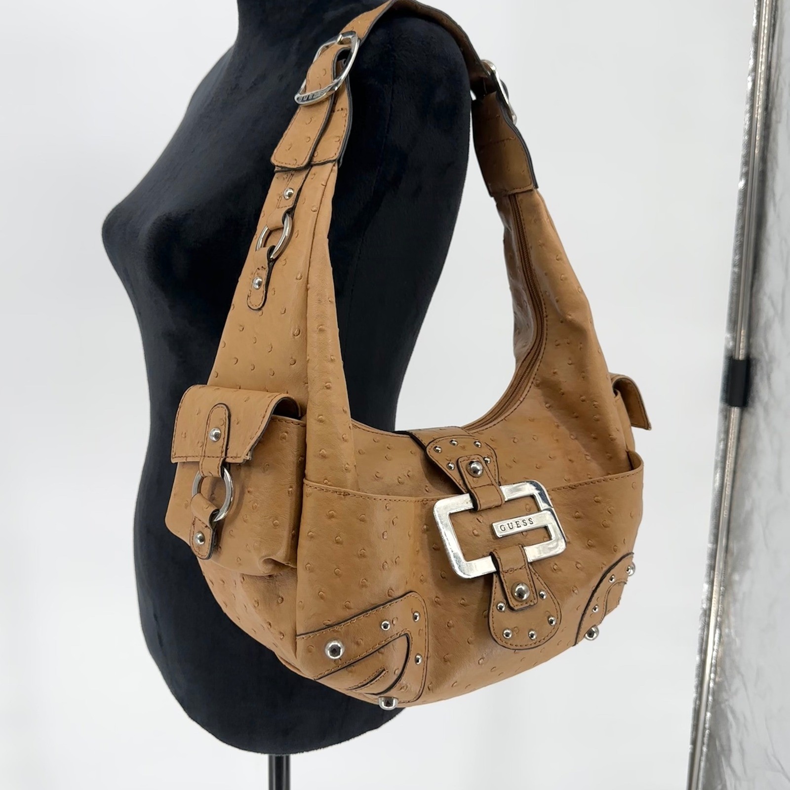 Vintage Guess Y2K Ostrich Faux Leather Shoulder Bag G Silver Studded 2000s