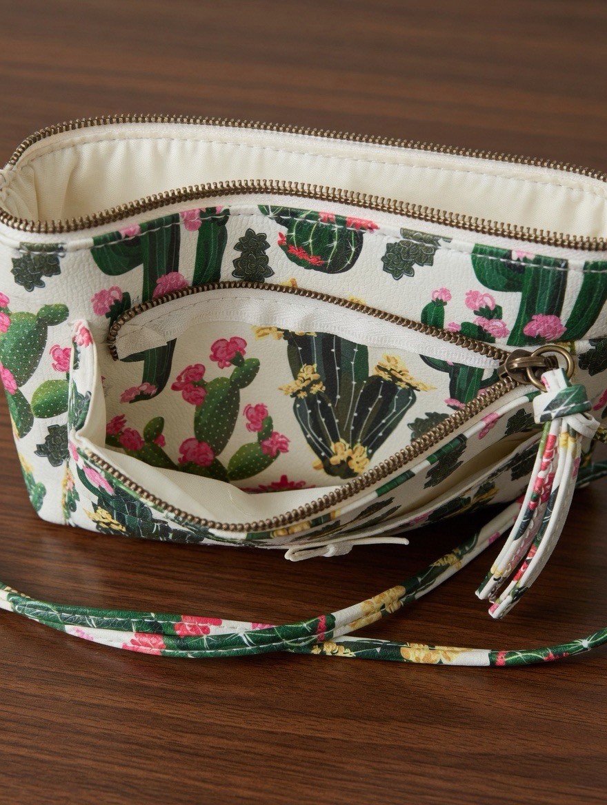 NWOT Cactus Floral Print Crossbody Bag Purse Women Adjustable Strap Zip Pockets