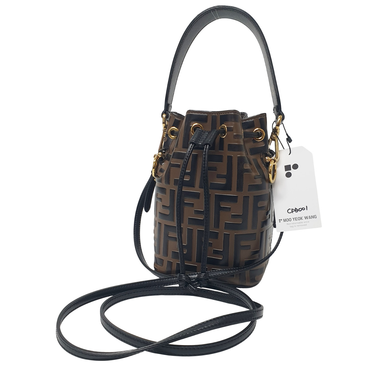 FENDI Mon Tresor Bucket Bag Shoulder Calf Leather Ff/Zucca Brown Black CFA001