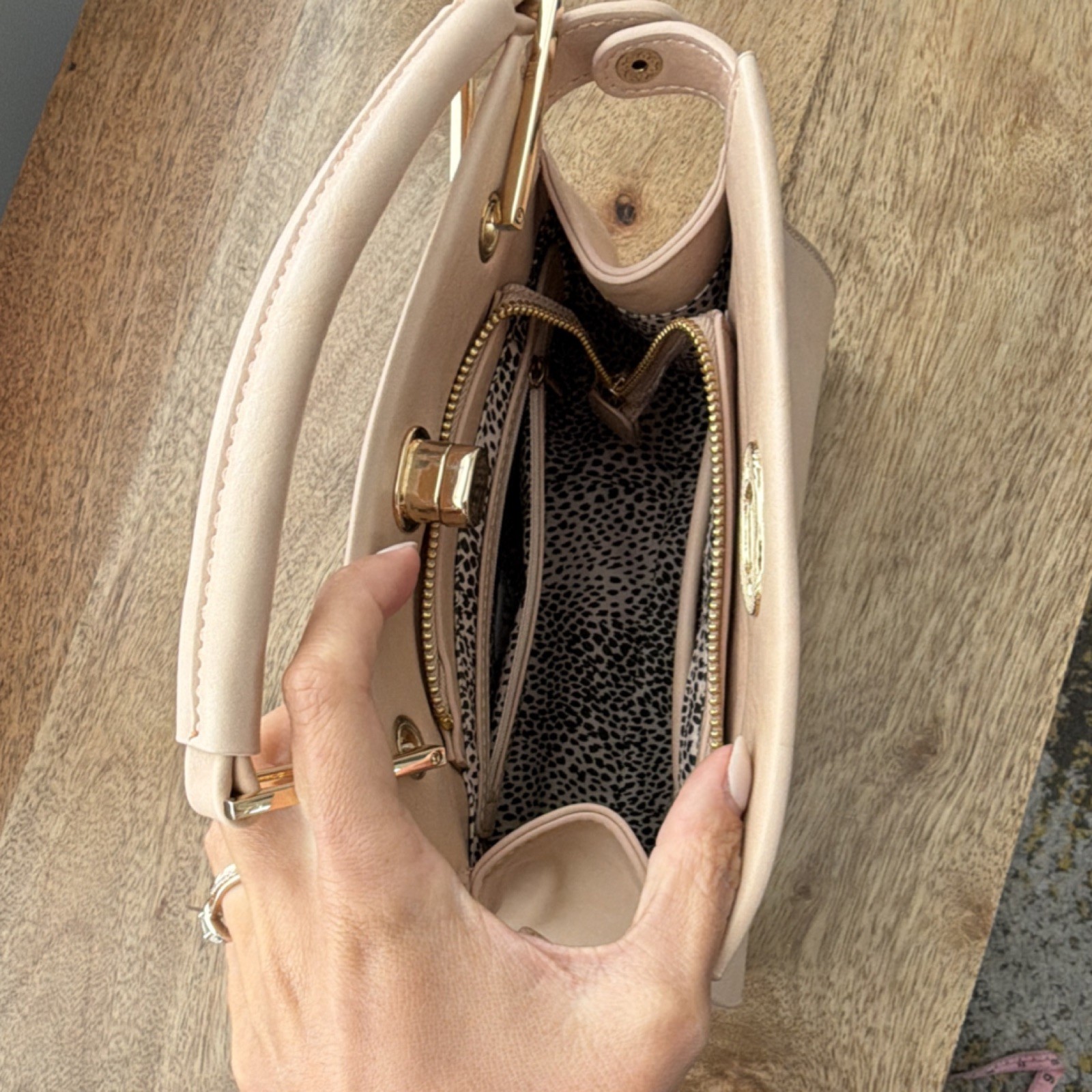 KAARI BLUE Beige Satchel Top Handle Turn Lock Zip Detachable Strap Gold
