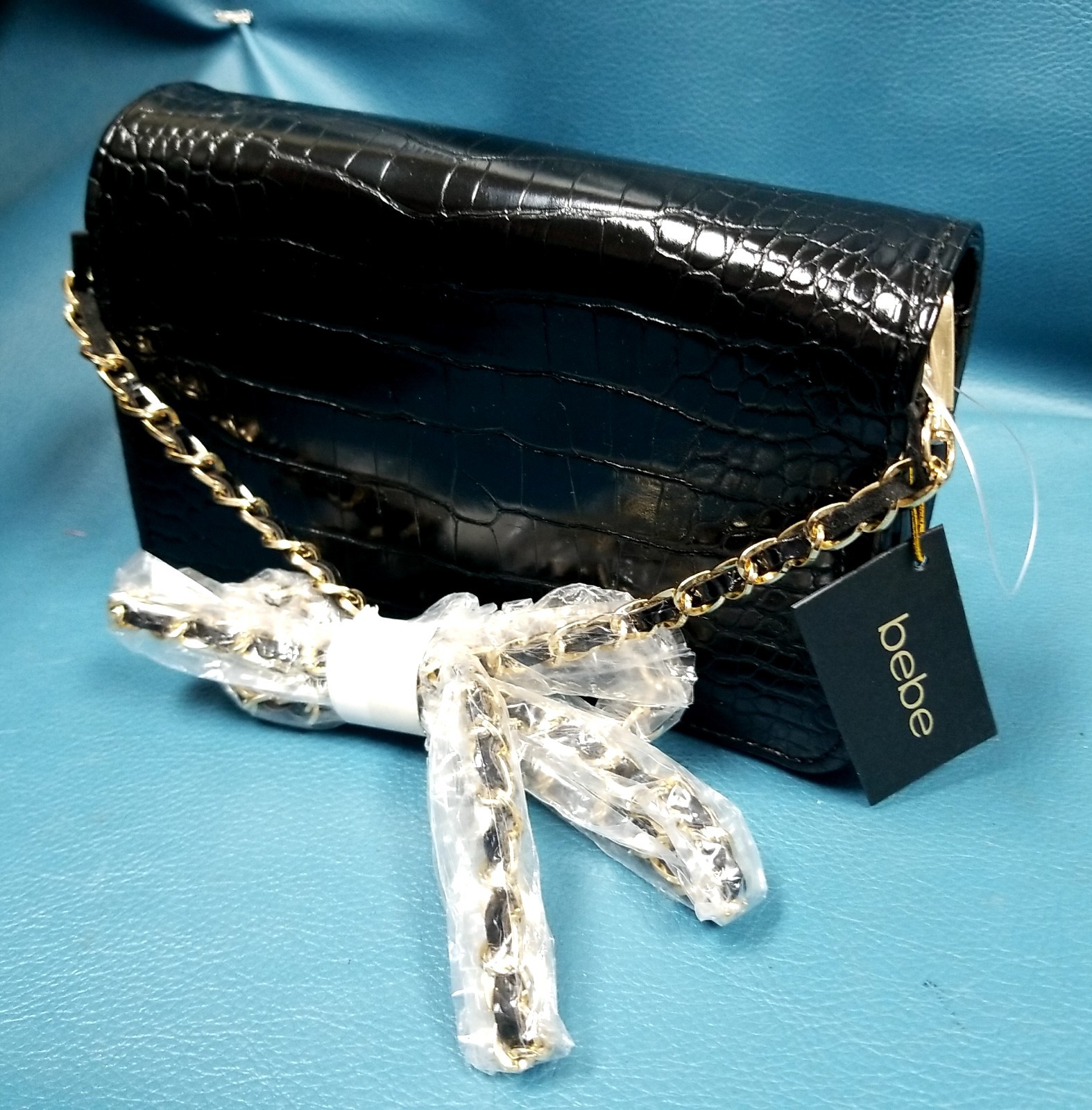 bebe Fabiola Black Croc Embossed Crossbody Chain Bag