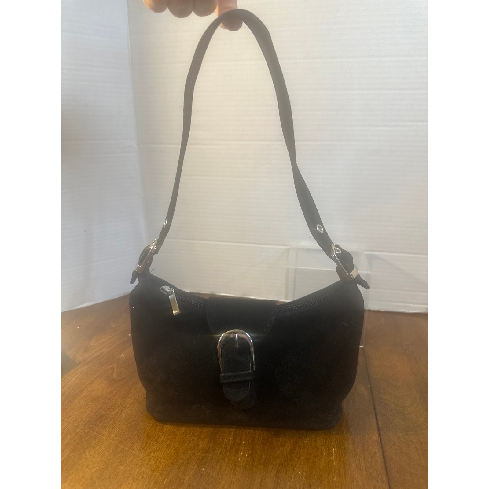 Vint-Mini black suede shoulder bag purse inside pocket, zip & buckle silver tone