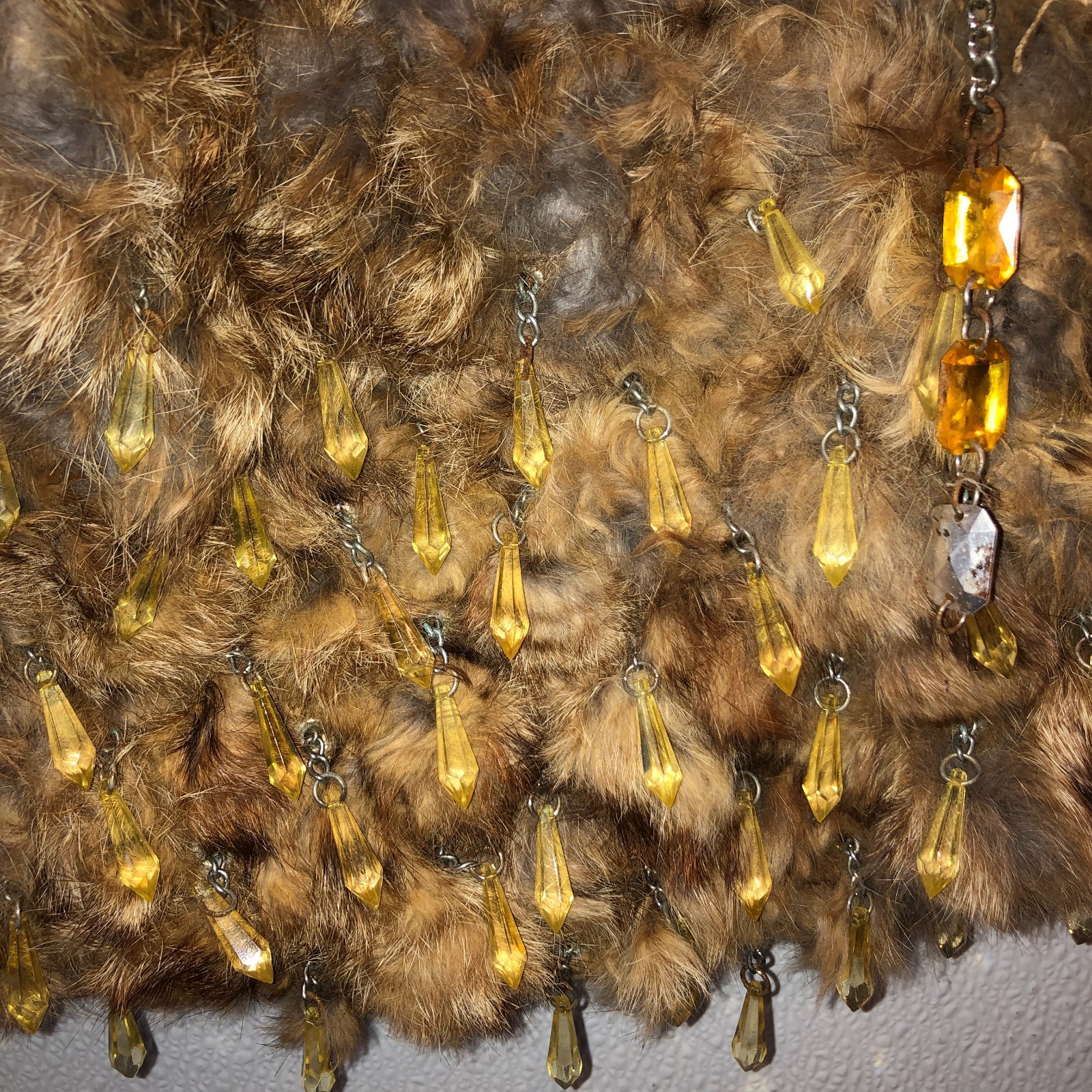 Vintage Brown Fur Dangling Rhinestones Casual Formal Clutch Hand Bag Purse