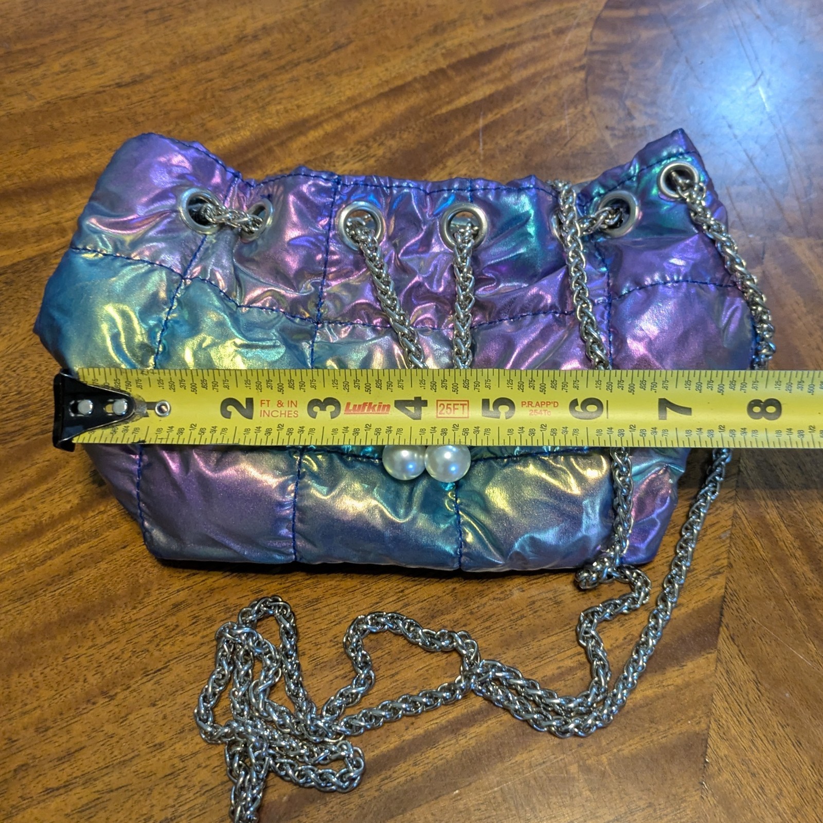 Small Iridescent Metallic Quilted Shoulder Bag Chain Strap Pearl Accent Purse