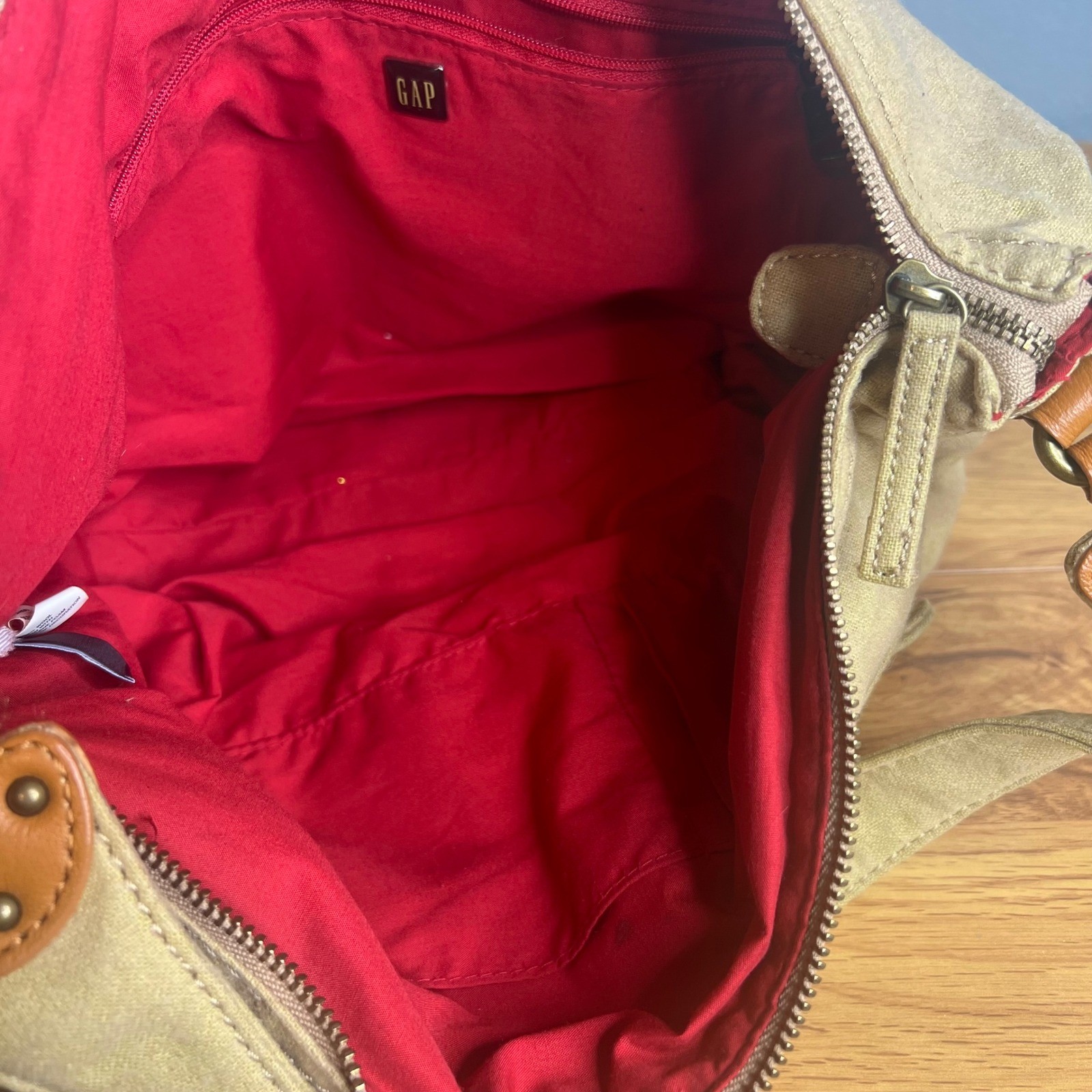 GAP Khaki Beige Wool Blend Shoulder Bag Y2K Hobo Style Red Interior Casual