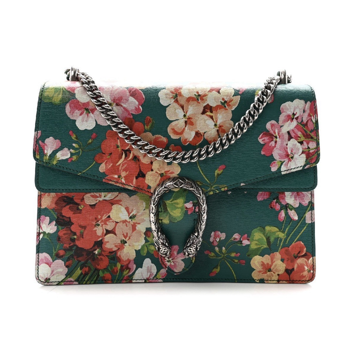 Gucci Green Floral Shoulder Bag w/ Chain Strap, Flap Closure, Silver Hardware