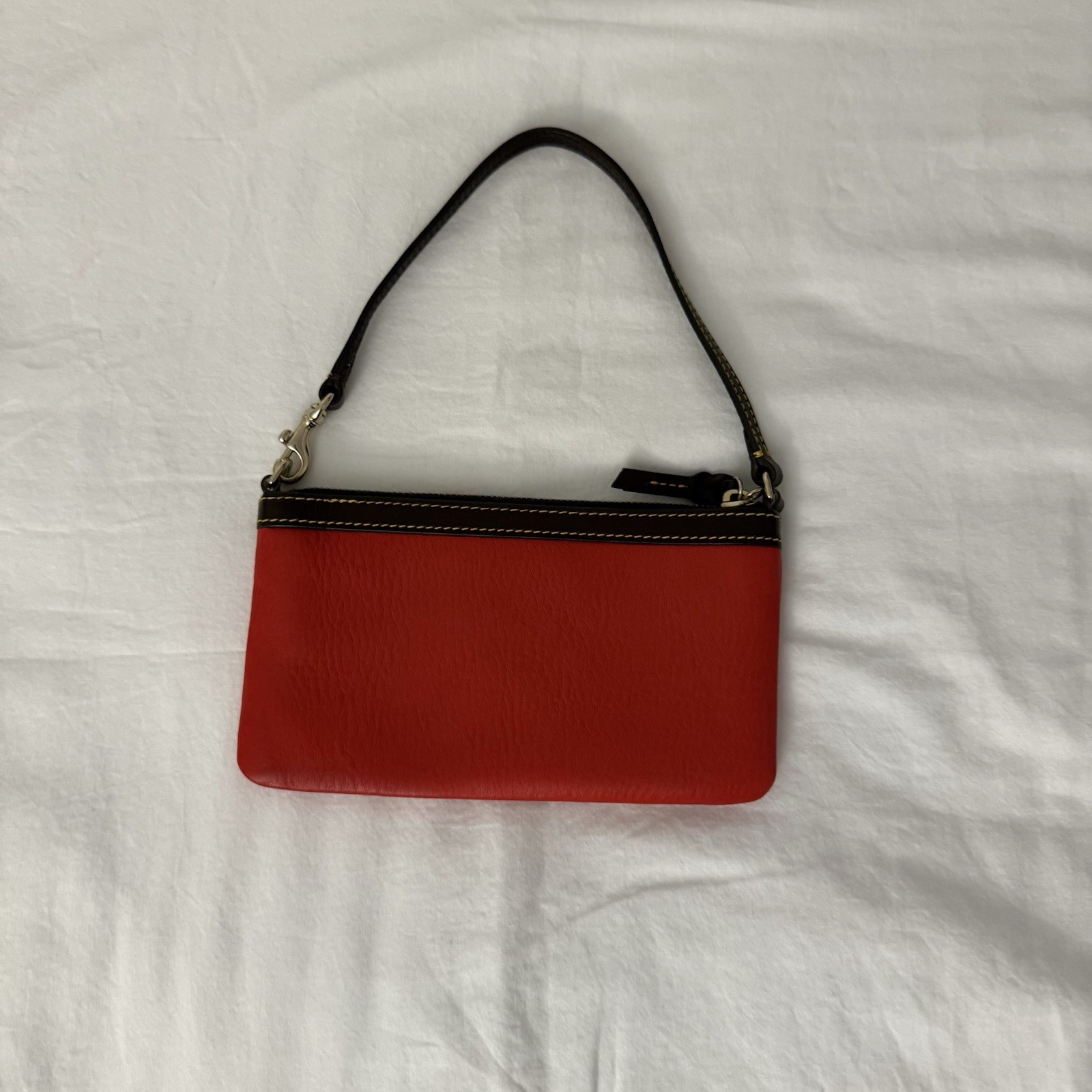 Dooney & Bourke Small Red Wristlet Zip Top Brown Strap Gold Hardware Lined