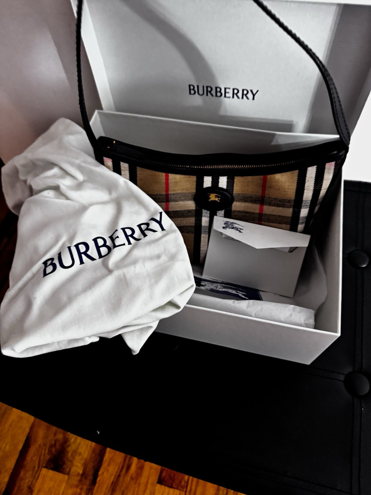 Burberry Plaid Shoulder Bag Zip Closure Black Leather Strap w/ Box Dust Bag