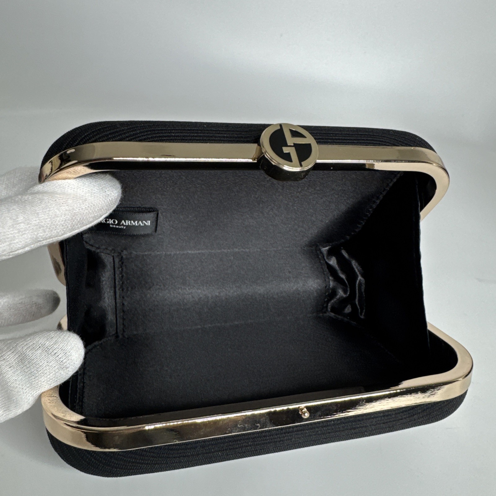 GIORGIO ARMANI Beauty Luxury Evening Clutch Mini Purse Black & Gold Hard Case