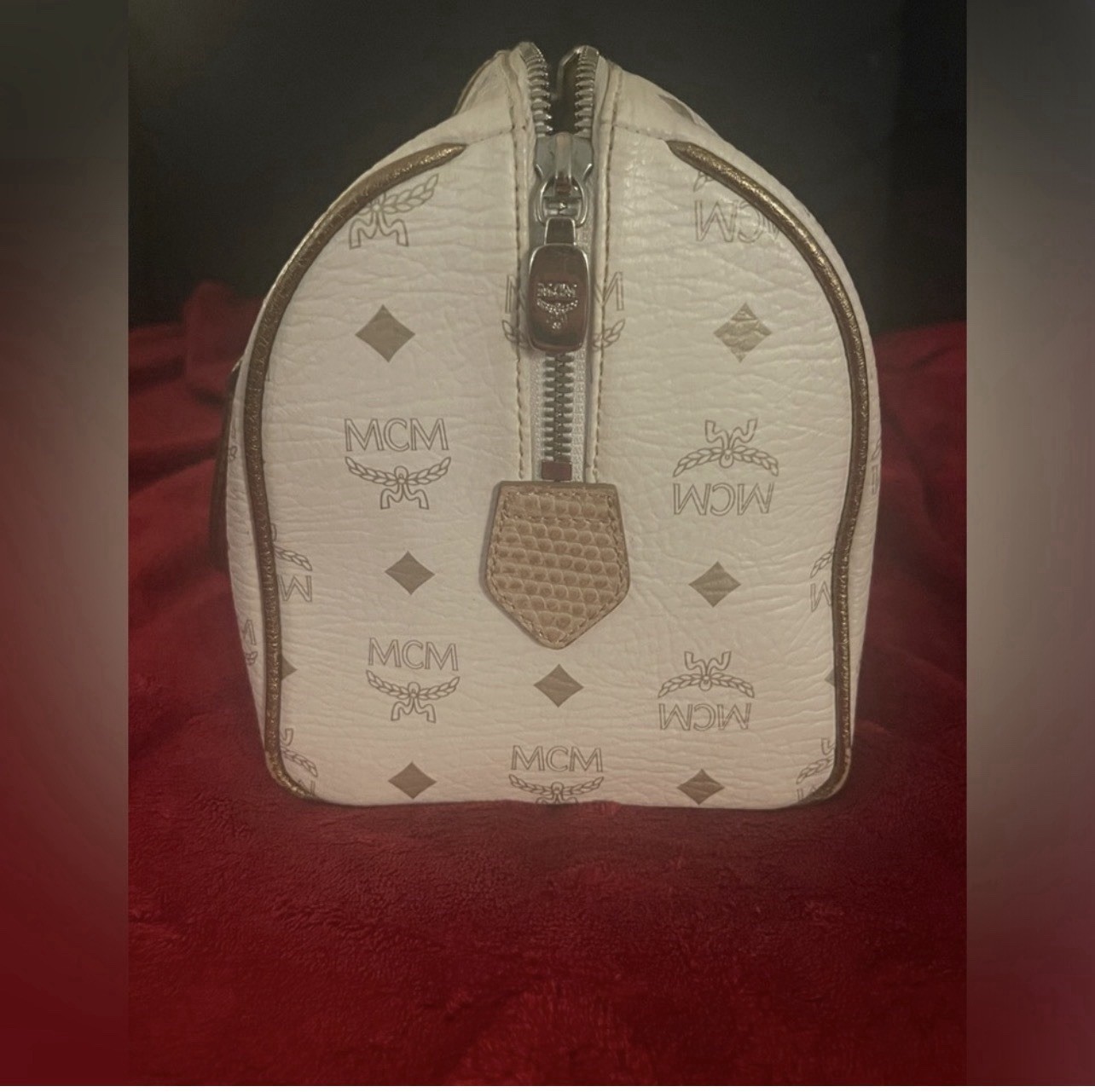 MCM Visetos Leather White Boston Bag Monogram Satchel Top Handle Zip Closure