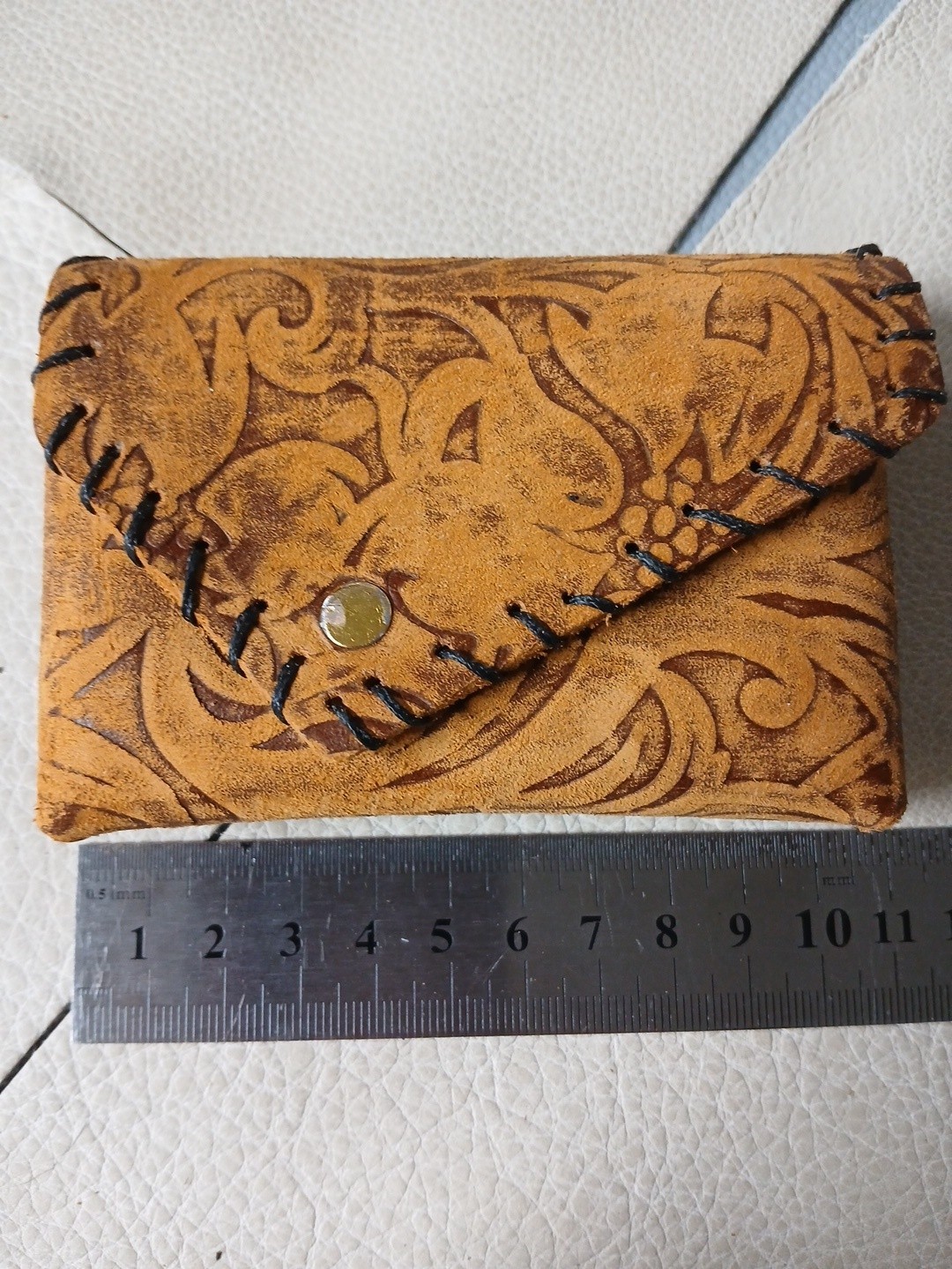 Distressed Leather Handmade. Mini Purse. Wallet. Brown. Black Stitching Trim