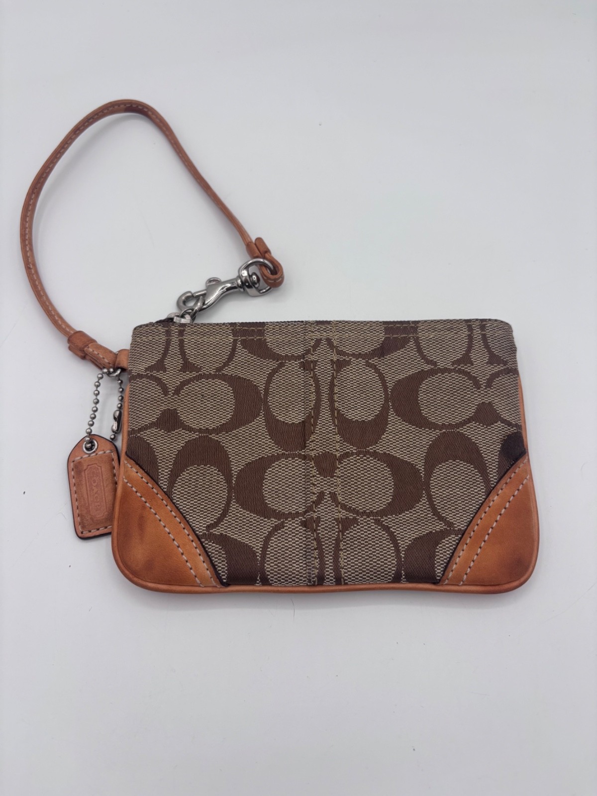 VTG Coach Signature C Wristlet Khaki Brown Canvas Leather Corner Trim Y2K