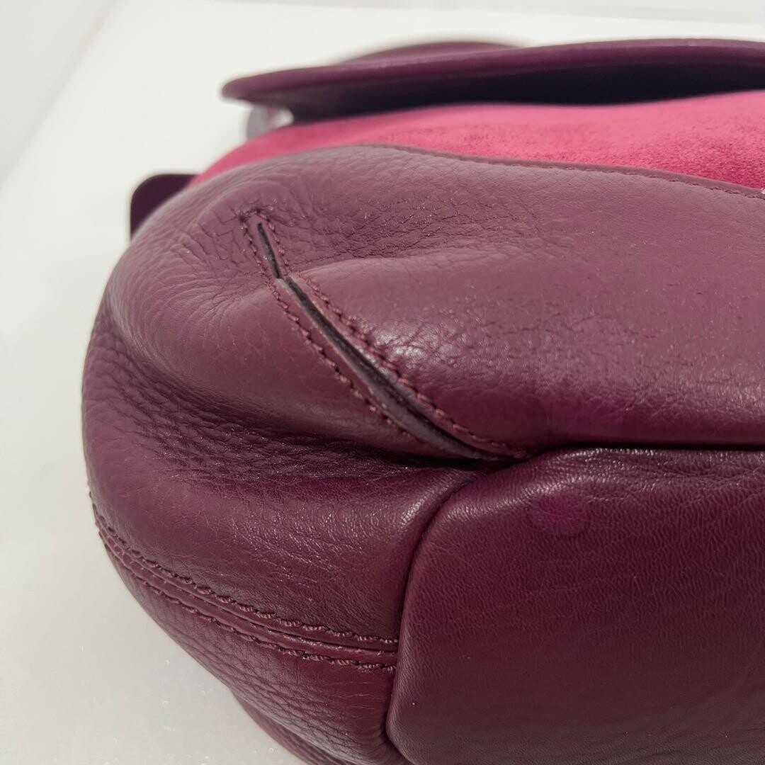 HIROFU Shoulder Bag Suede Leather H Logo Burgundy Vintage From Japan