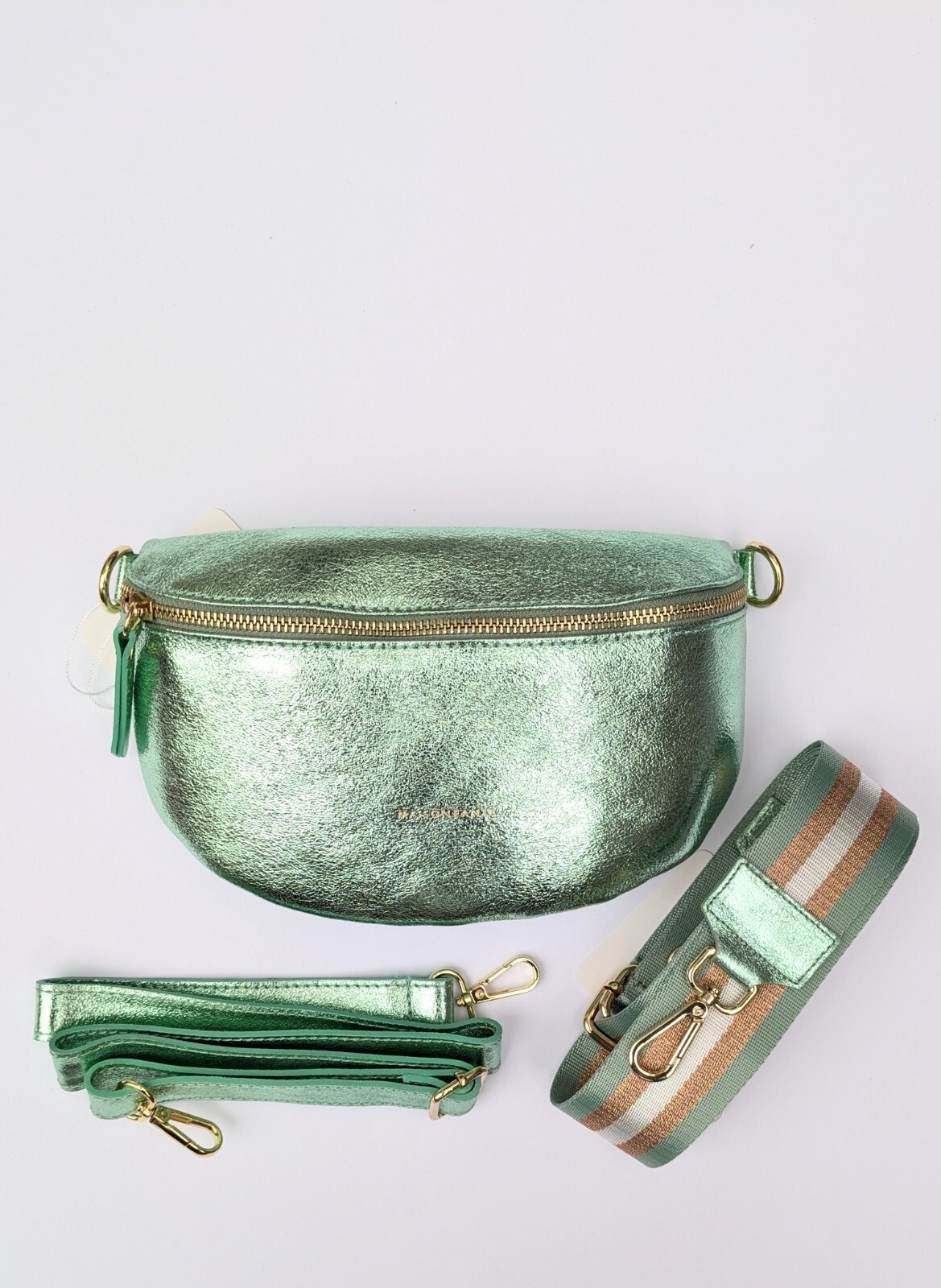 Metallic Mint Green Italian Leather Crossbody Fanny Pack Luxury Waist Bag Travel
