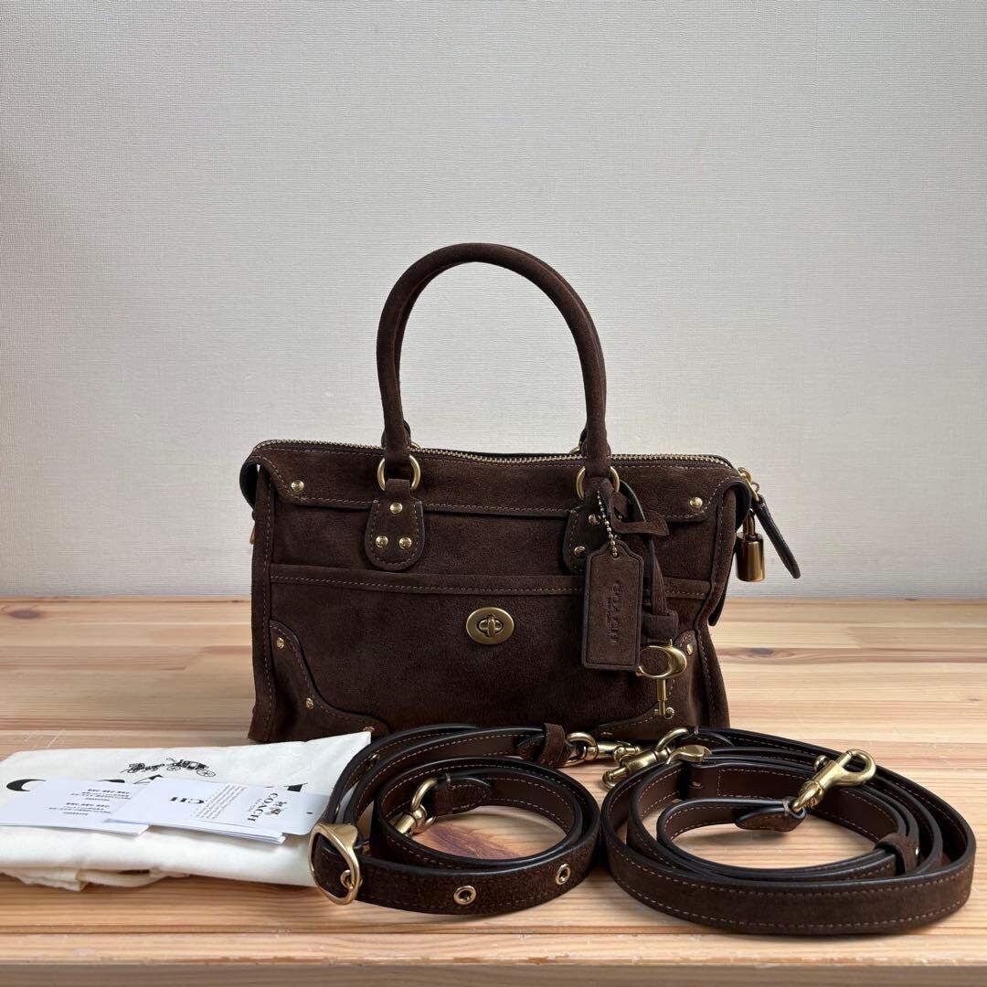 Coach Ryder Satchel Bag 24 Dark Chocolate Suede 2 Way 3 Way Brass Auth