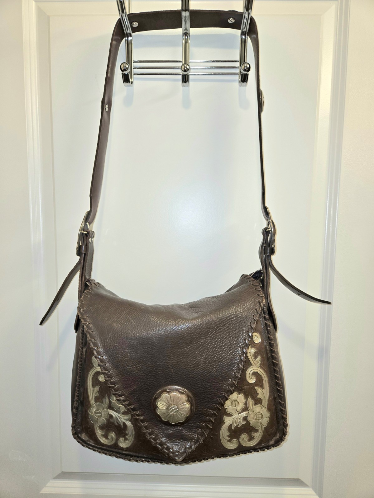Jose Luis Chocolate Brown Messenger Bag with Silver Accents