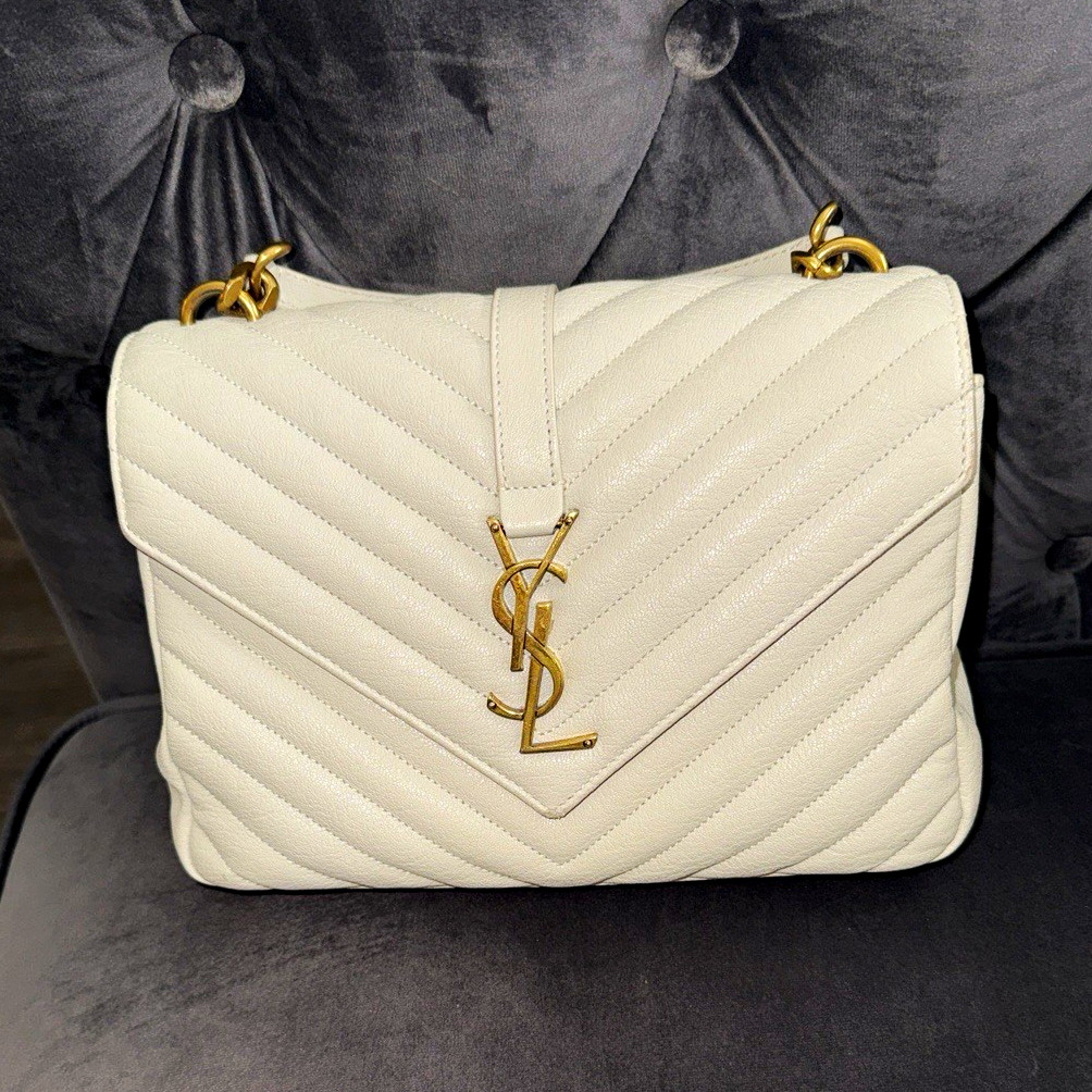 Saint Laurent Beige Chevron Quilted Flap Shoulder Bag Gold Chain YSL Logo