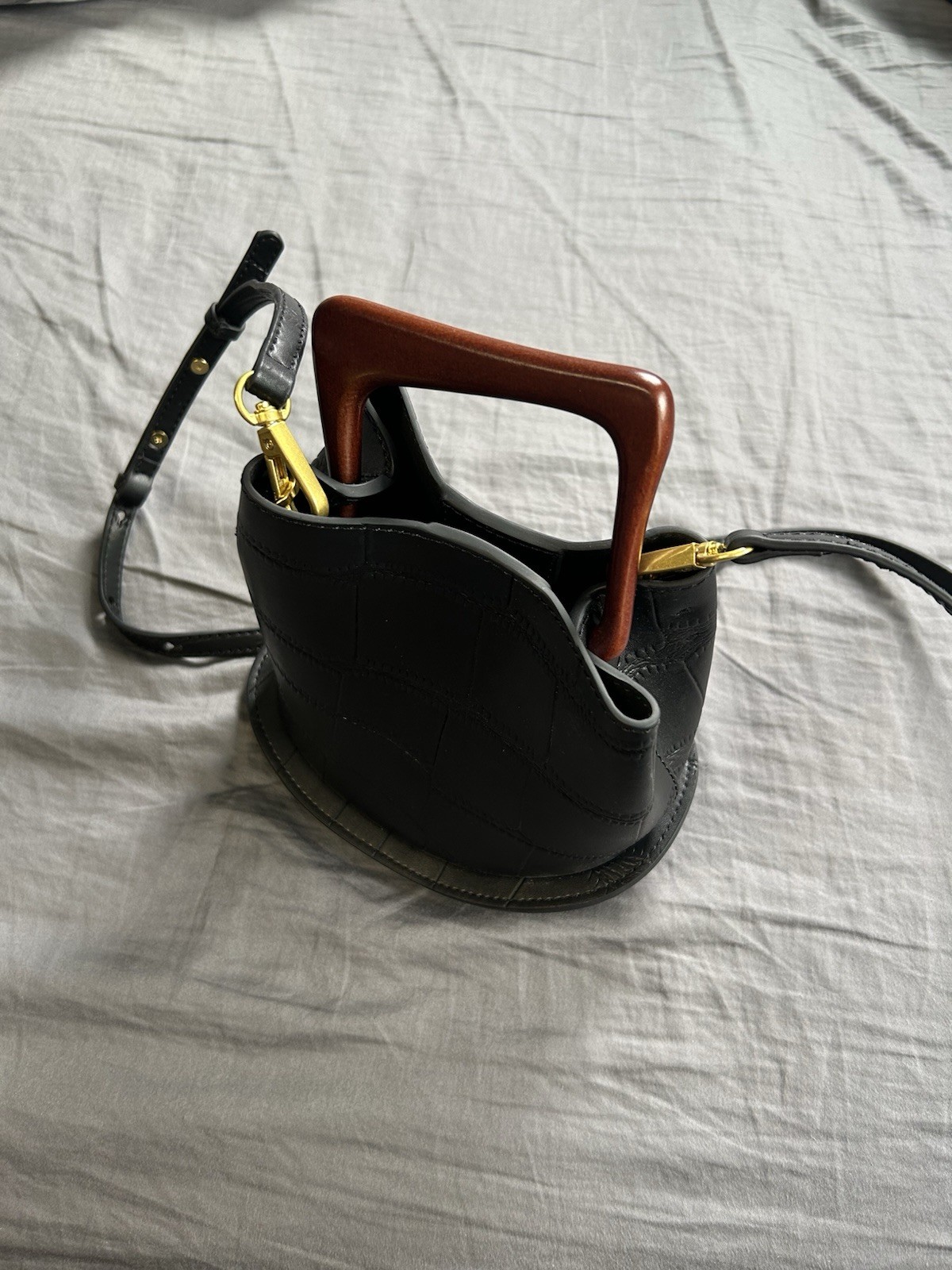 Women’s Black Top Handle Bag w/ Detachable Strap, Snap Closure, Gold Hardware