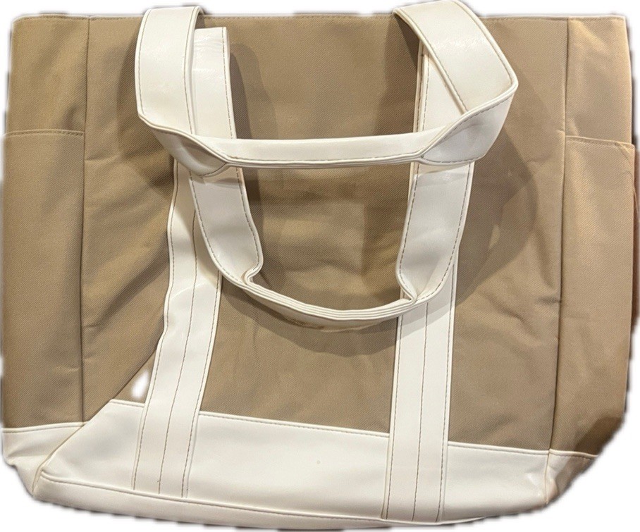 Elizabeth Arden Khaki Canvas Bag 1 zipper pocket inside 2 outside side pockets