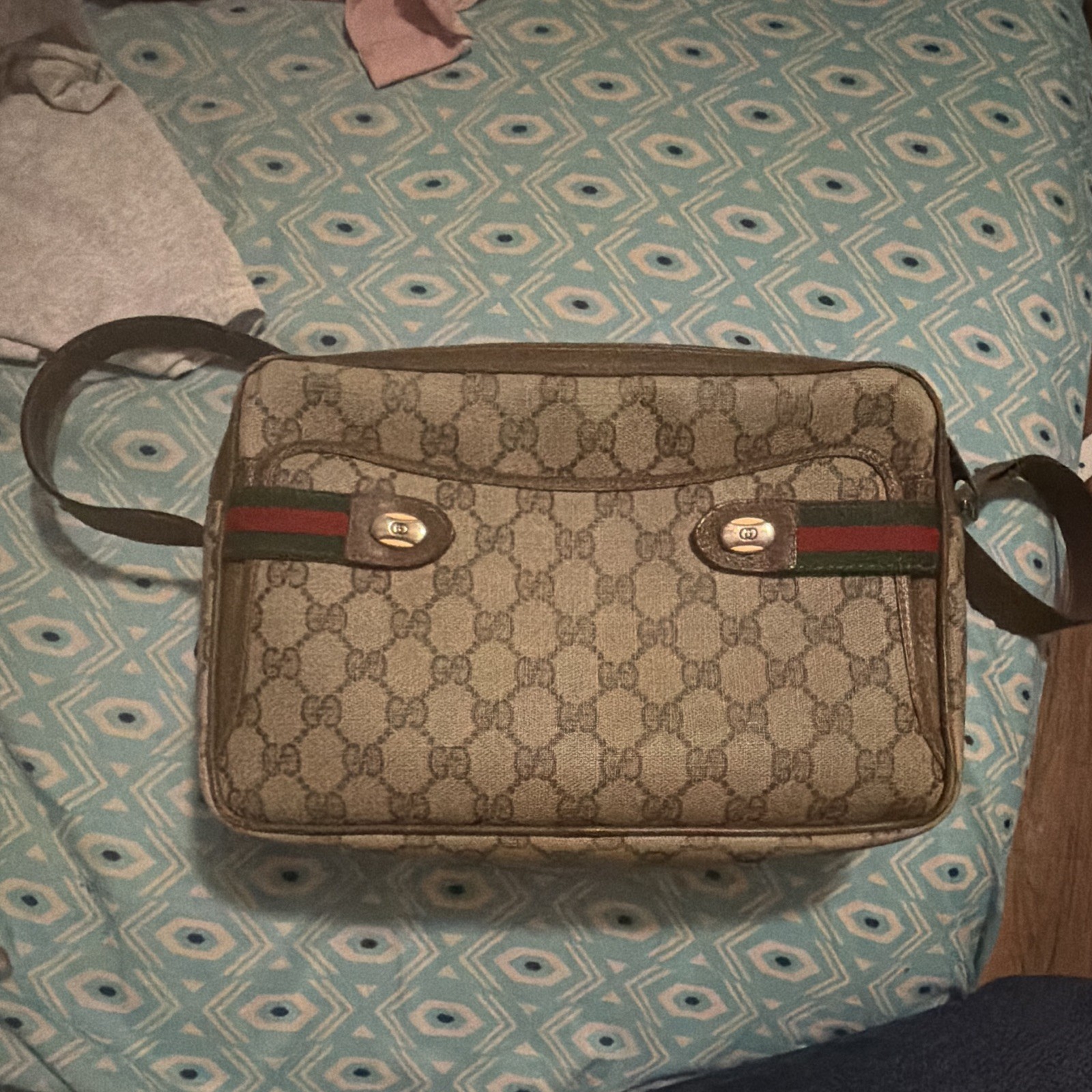 Gucci GG Monogram Shoulder Bag Beige/Brown Web Stripe Zip Lined Gold Hardware
