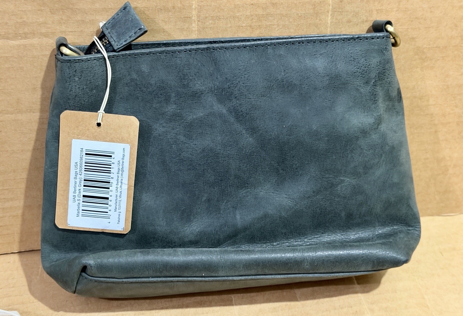 BERLINER BAGS Marbella Vintage Leather Crossbody Handbag, Dark Grey *NEW*