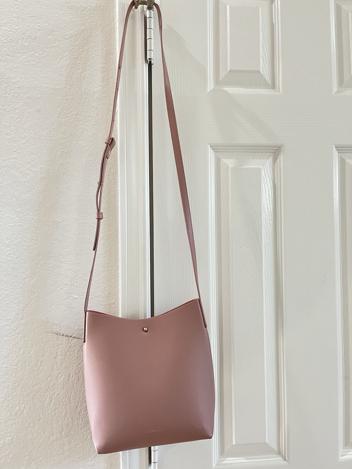 Samara Leather Bucket Bag Crossbody Purse Blush Nude Pink Vegan