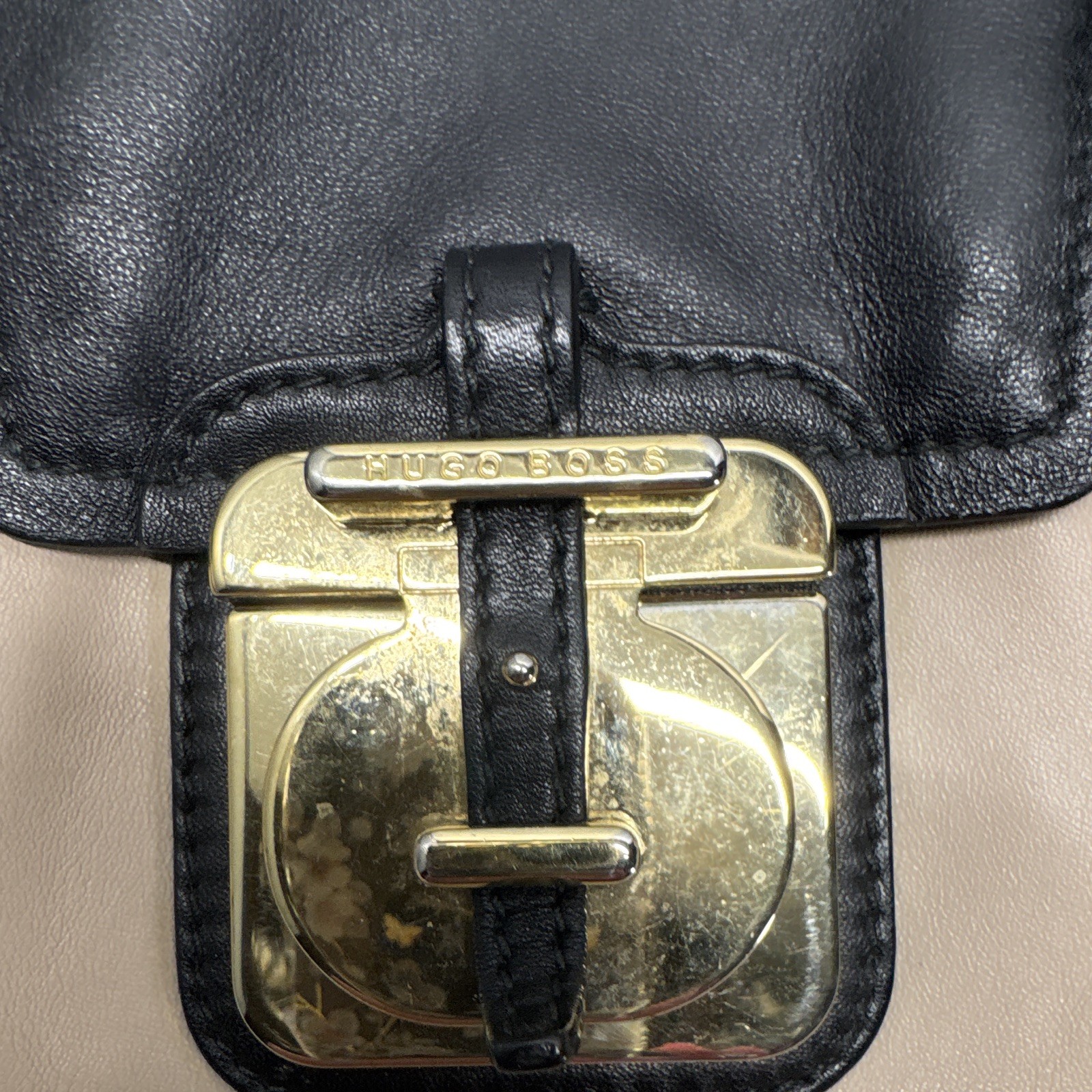 BOSS Hugo Boss Beige/Black Satchel Top Handle Detachable Strap Gold