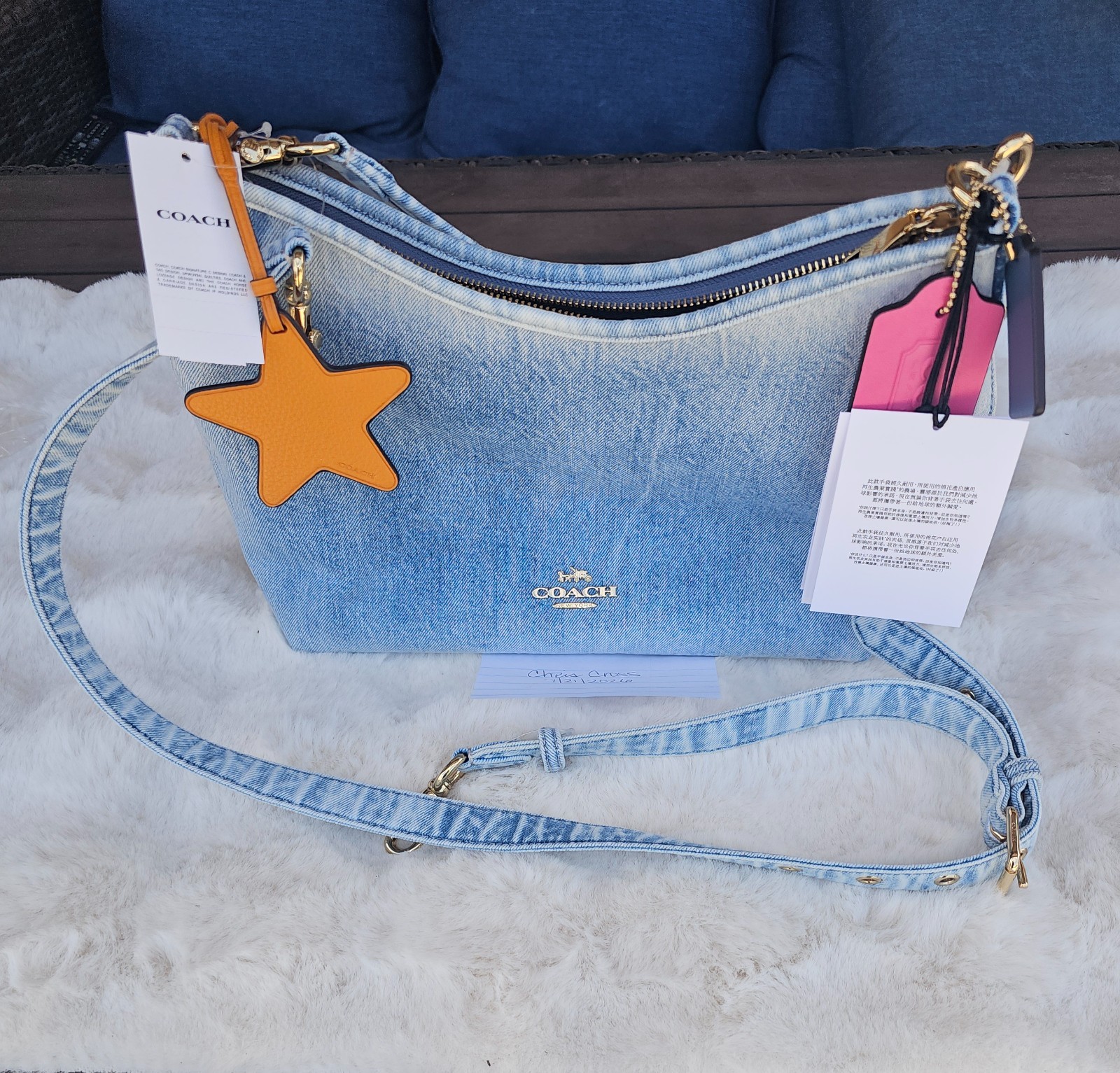 NWT Coach Laurel Shoulder Bag In Loved Denim With Charms CEF26