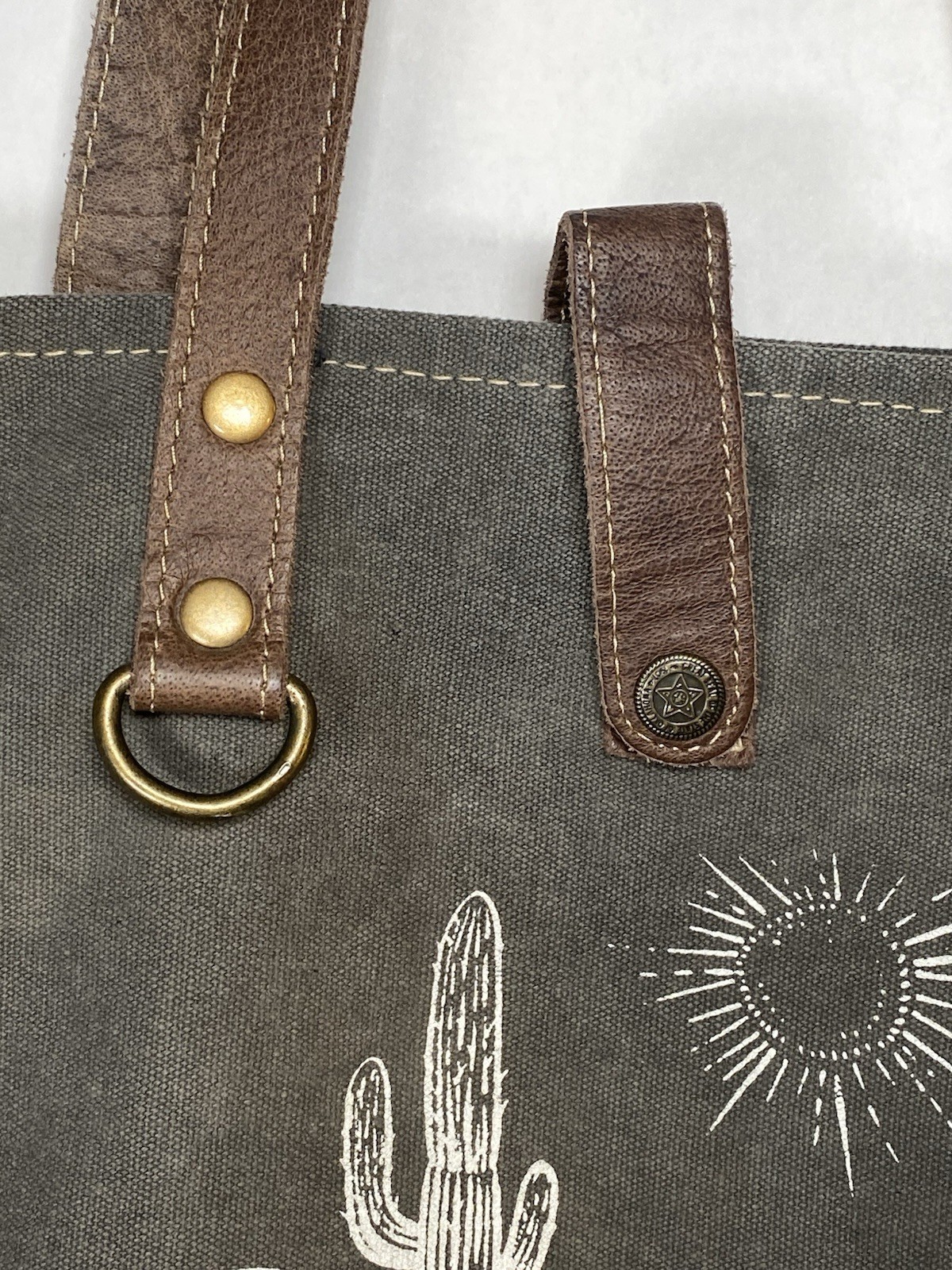 Myra Western Canvas Tote Bag Cactus Desert Print Leather Straps Boho