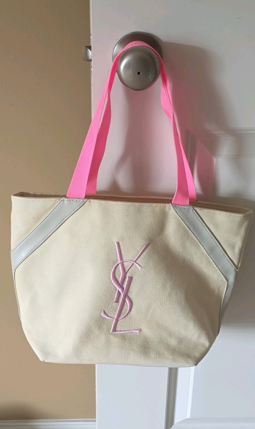 Saint Laurent YSL Logo Tote Bag Beige with Pink Double Handles, Inner Pockets