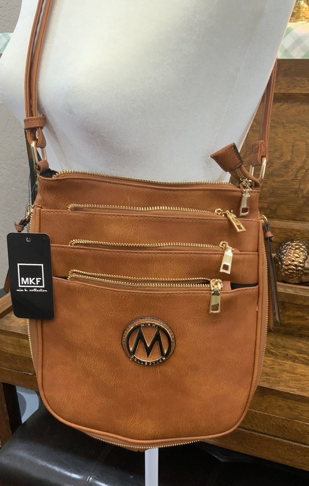 MKF Collection Brown Shoulder Bag Gold Hardware Zipper Accent