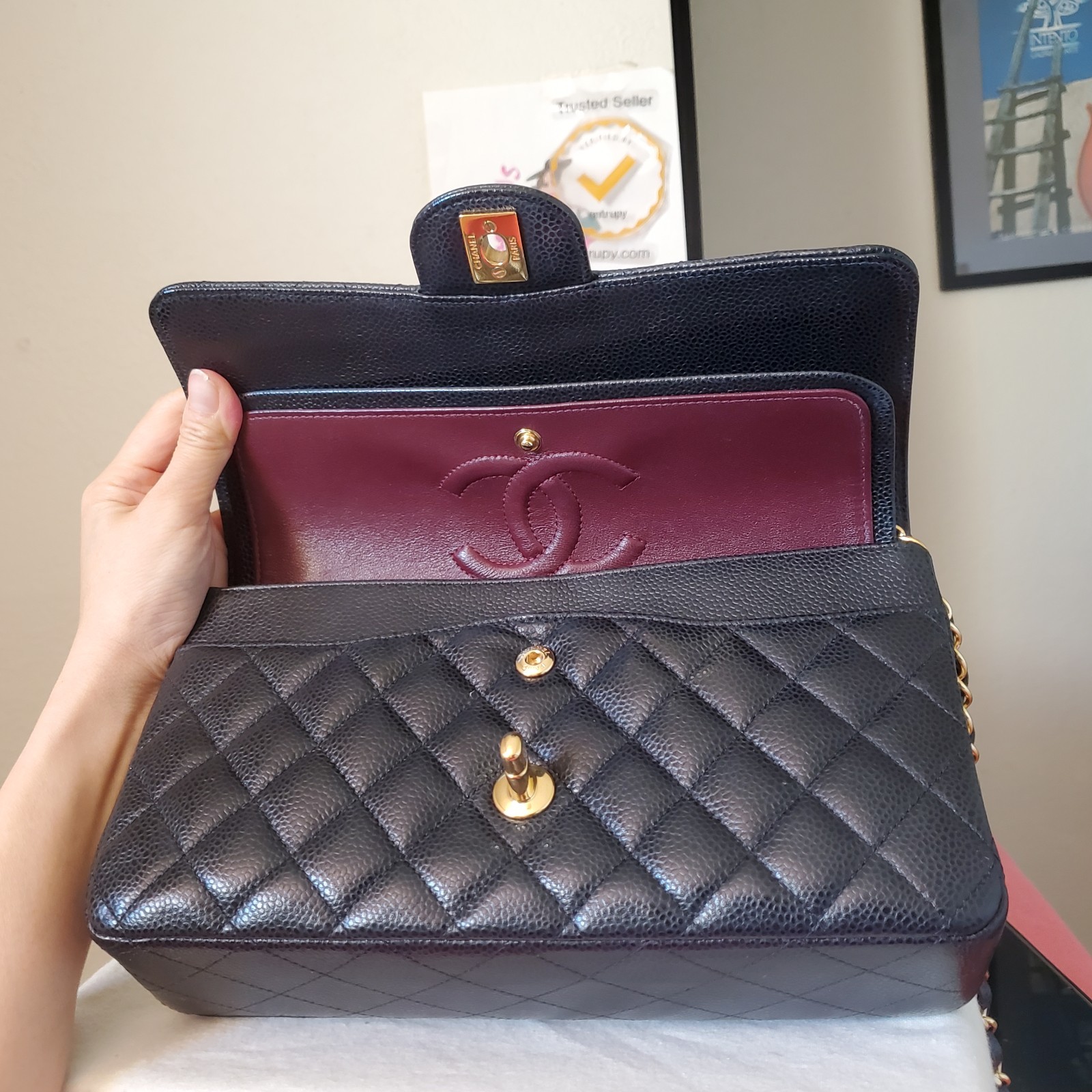 $11,700 CHANEL Classic Medium double Flap Bag black caviar gold hw