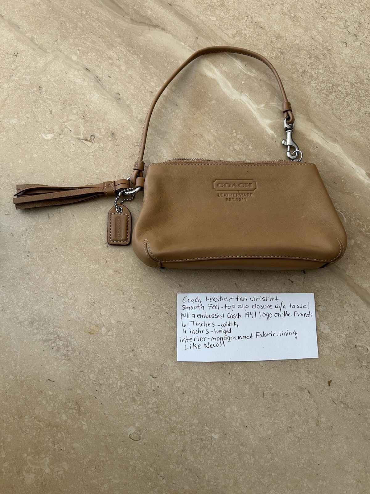Coach Tan Wristlet Small Bag Tassel Logo Zip Silver Hardware Designer