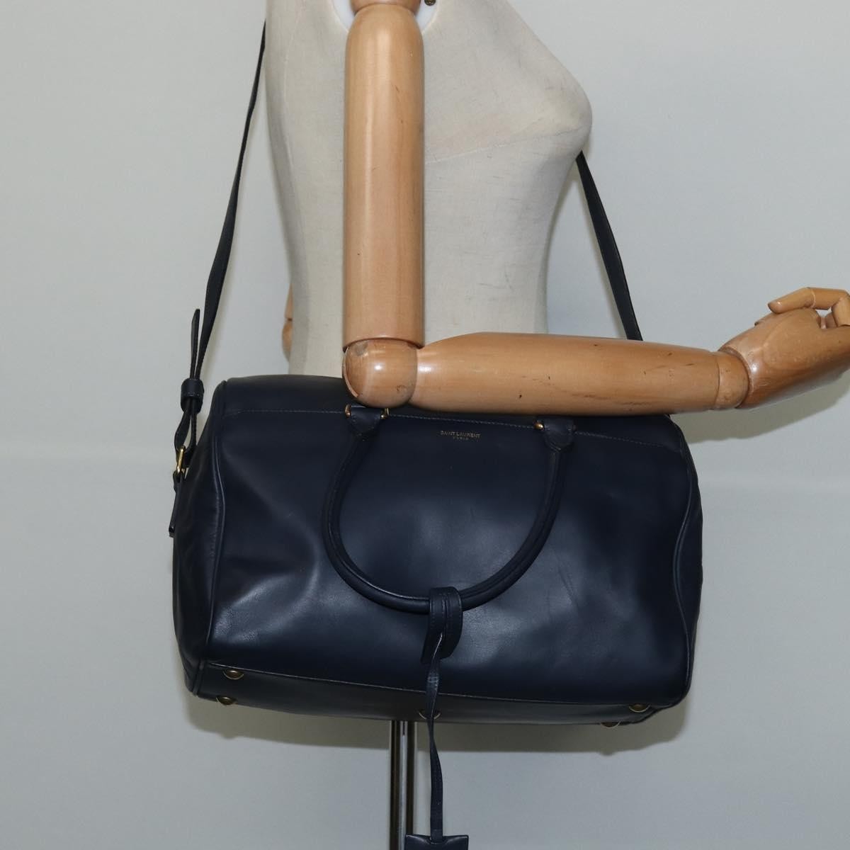 SAINT LAURENT Mini Boston Bag Leather 2way Navy Gold Auth bs30084