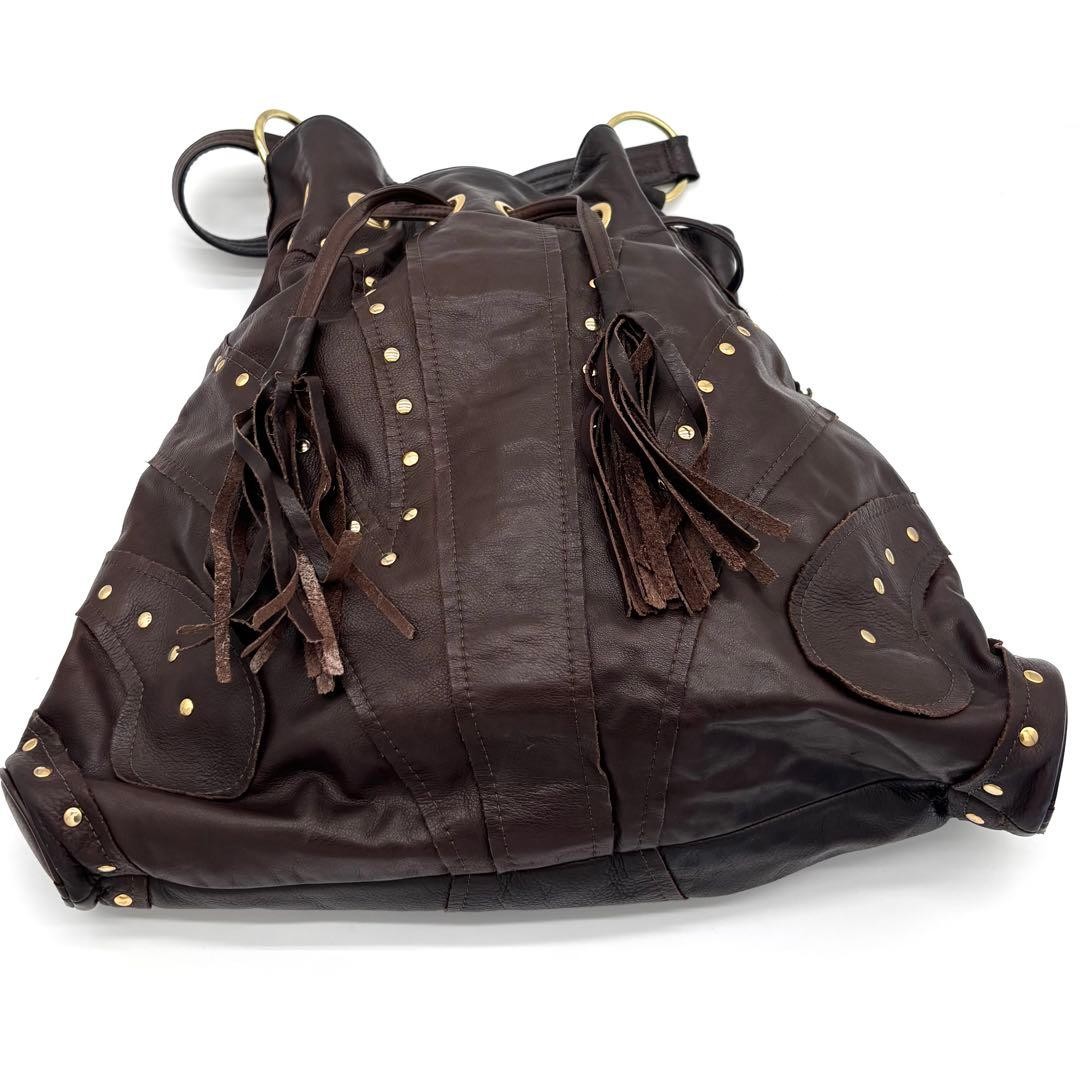 BULGA Leather Drawstring Shoulder Bag Fringe Studded Dark Brown Used Authentic