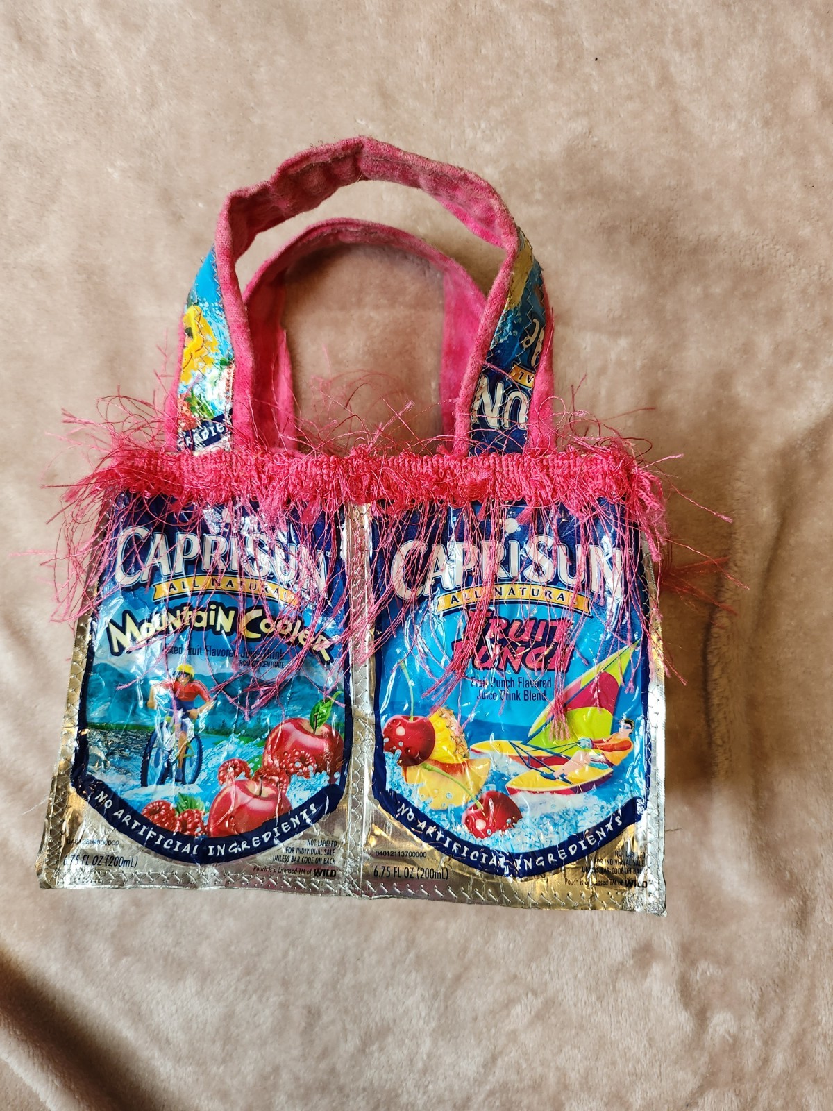 Capri Sun Juice Drink Purse Handbag Recycled Wearable Art Womens Pink Fringe