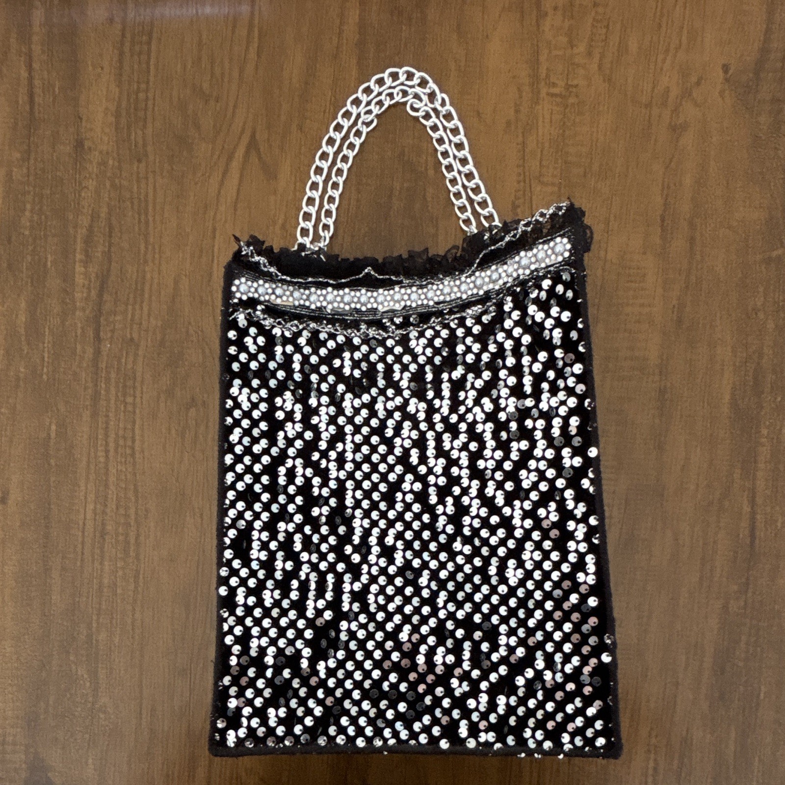 Black Sequin Top Handle Bag w/ Silver Chain Strap, Small Party Formal Purse
