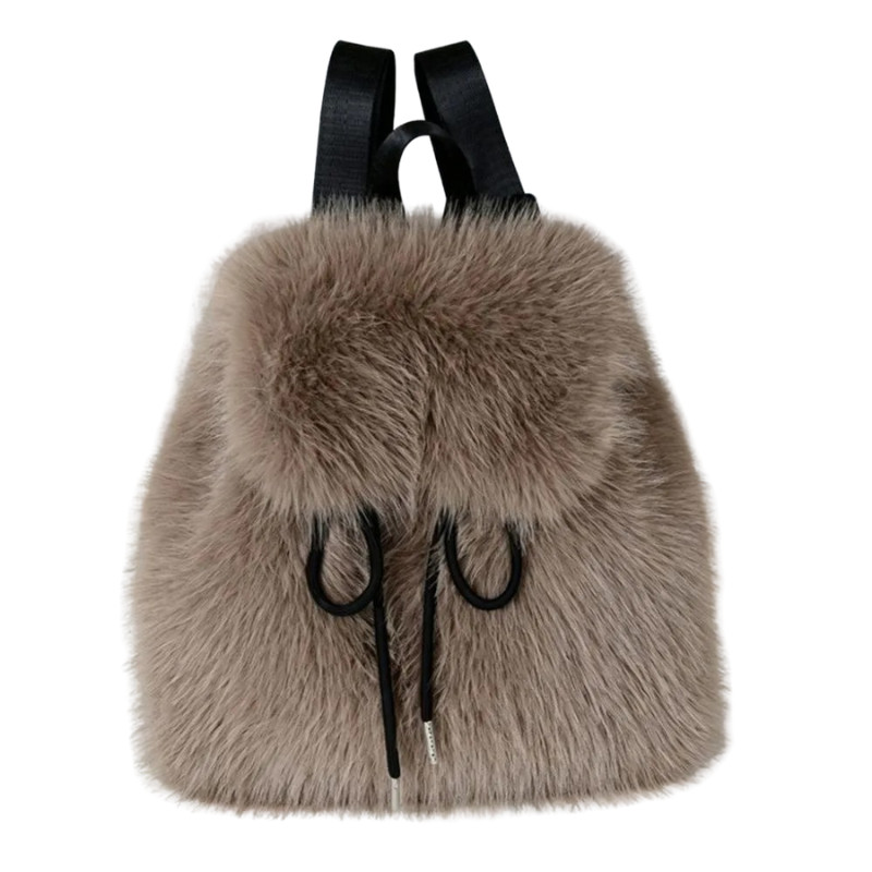 Drawstring Faux Fur Backpack Mini Lightweight Daypack with Adjustable Closure