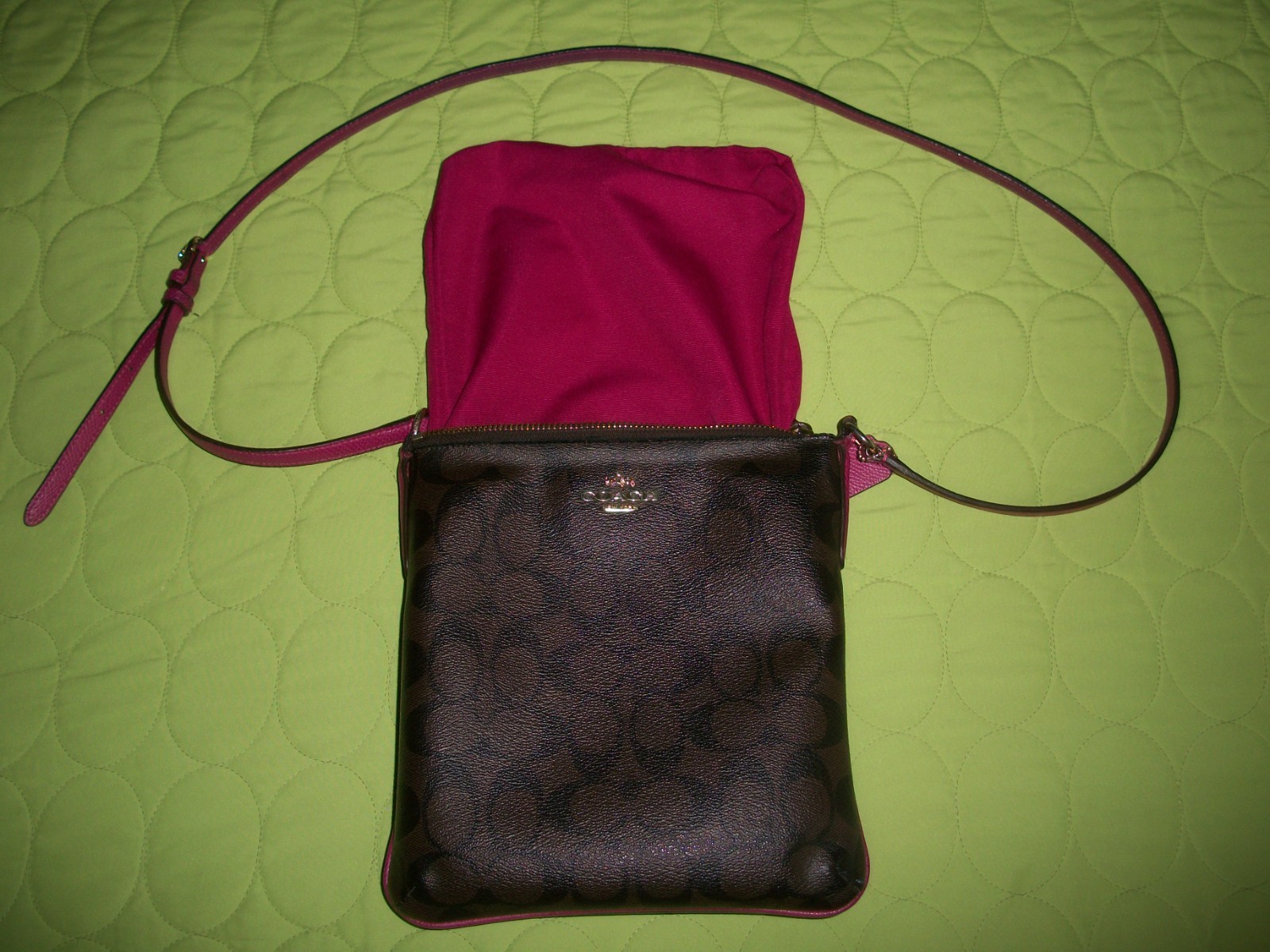 Coach North/South F35940 Brown/Pink Crossbody Bag with Signature Monogram