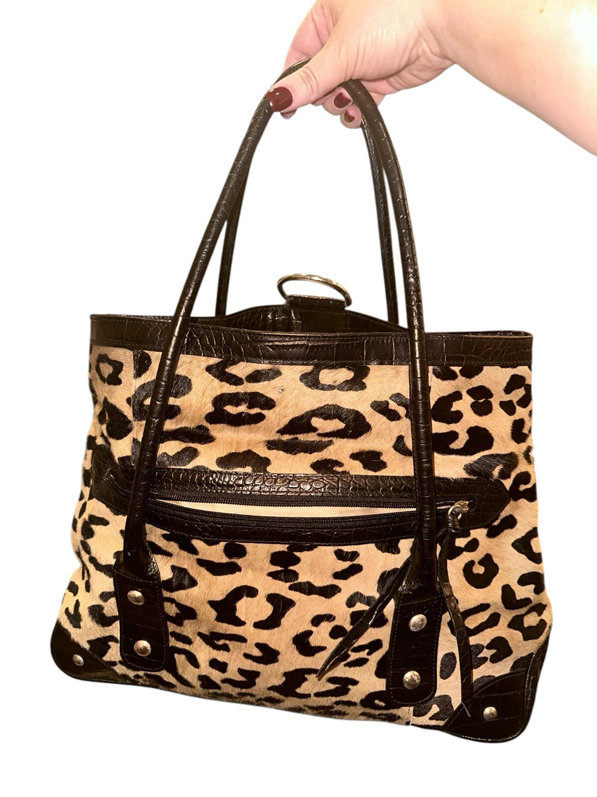 Maurizio Taiuti Large Handbag Purse Tote Italy Leather & Faux Fur Leopard Print